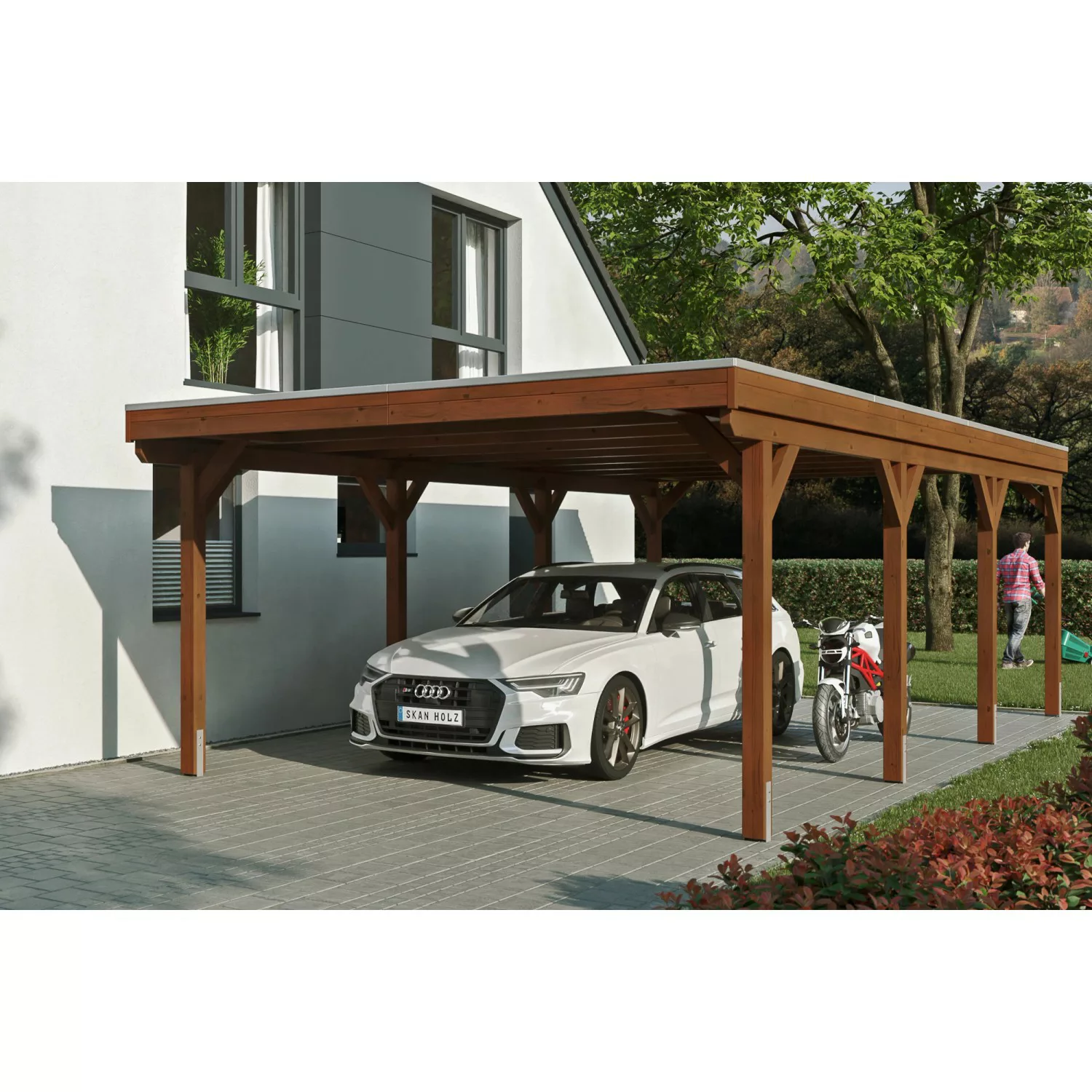 Skan Holz Carport Grunewald 427 cm x 796 cm mit Aluminiumdach Nussbaum günstig online kaufen