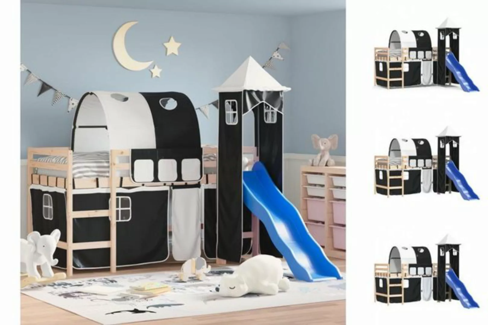 vidaXL Kinderbett Kinderhochbett mit Turm Weiß Schwarz 80x200 cm Kiefernhol günstig online kaufen