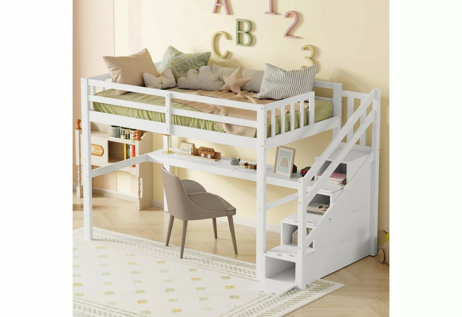 SOFTWEARY Hochbett mit Lattenrost und Treppe (90x200 cm) Kinderbett mit Rau günstig online kaufen