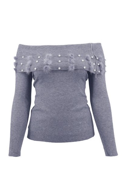 Passioni Strickpullover mit Carmen-Ausschnitt mit Bommel- und Perlendetail günstig online kaufen