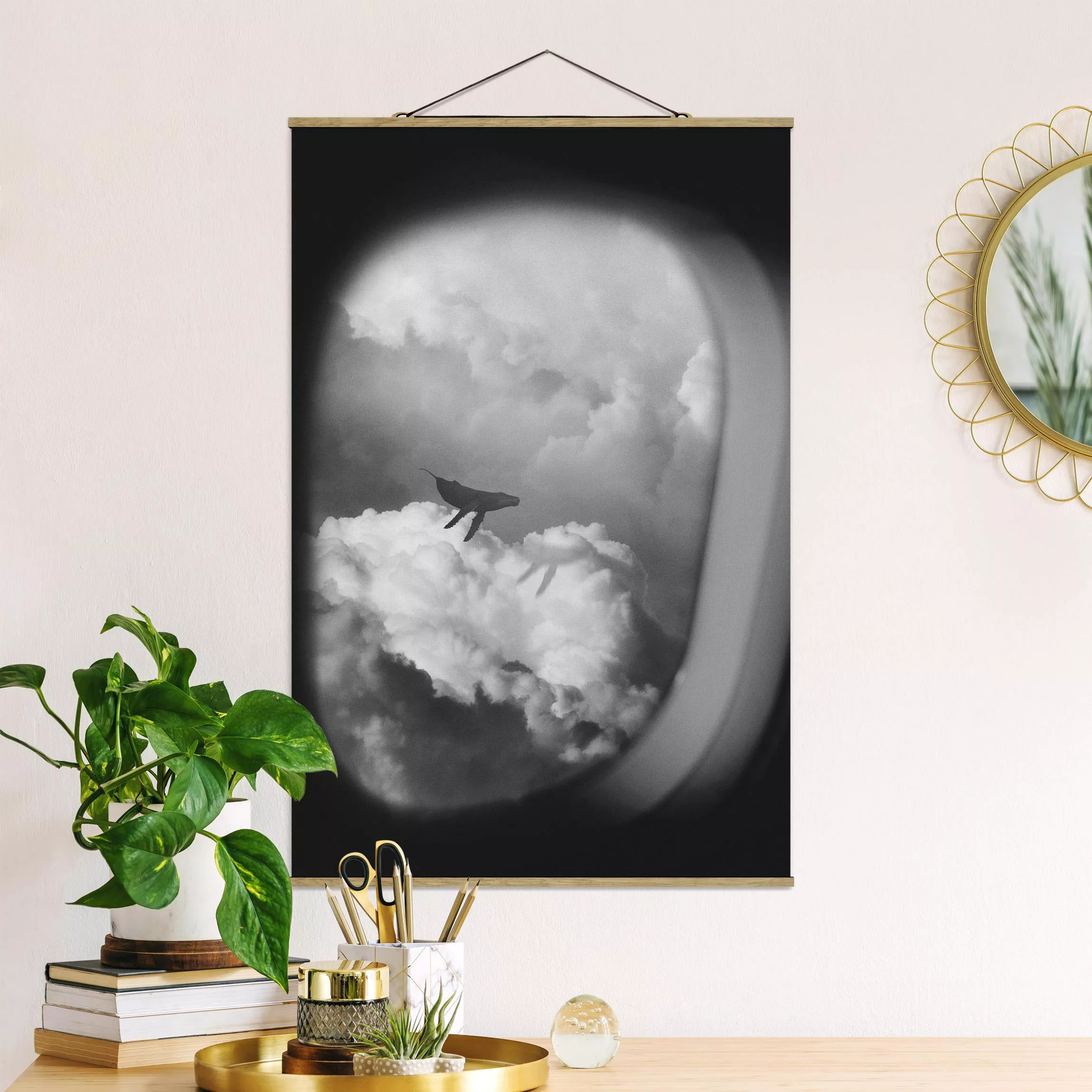 Stoffbild mit Posterleisten Fliegender Wal in den Wolken günstig online kaufen