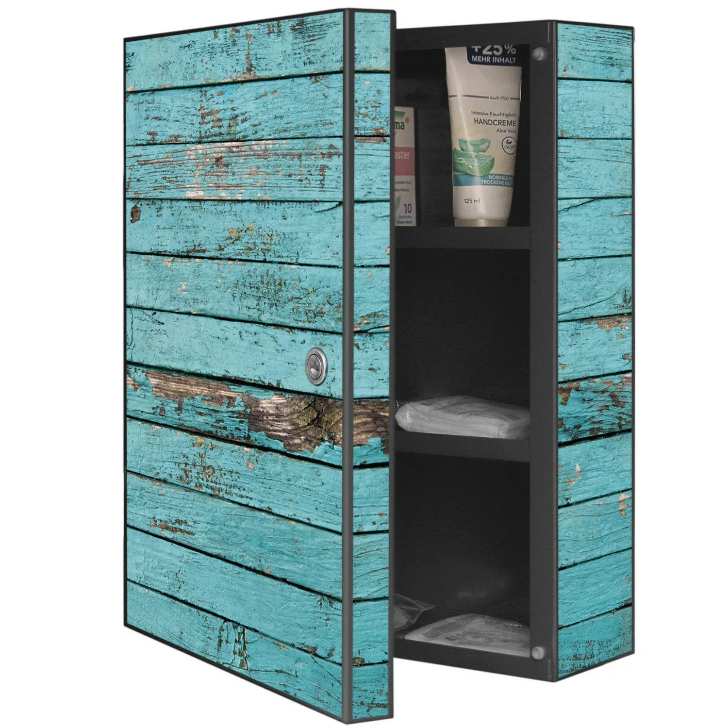 banjado Medizinschrank Stahl Blaue Holzlatten (abschließbar, 3 große und 2 günstig online kaufen