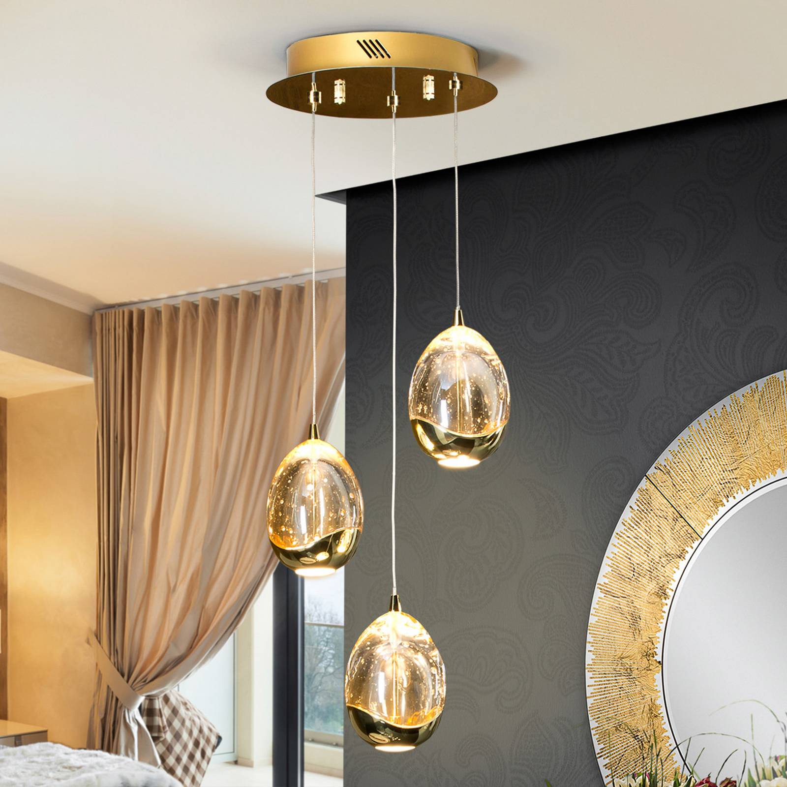 LED-Hängeleuchte Rocio 3-flammig, Metall, Glas, gold günstig online kaufen