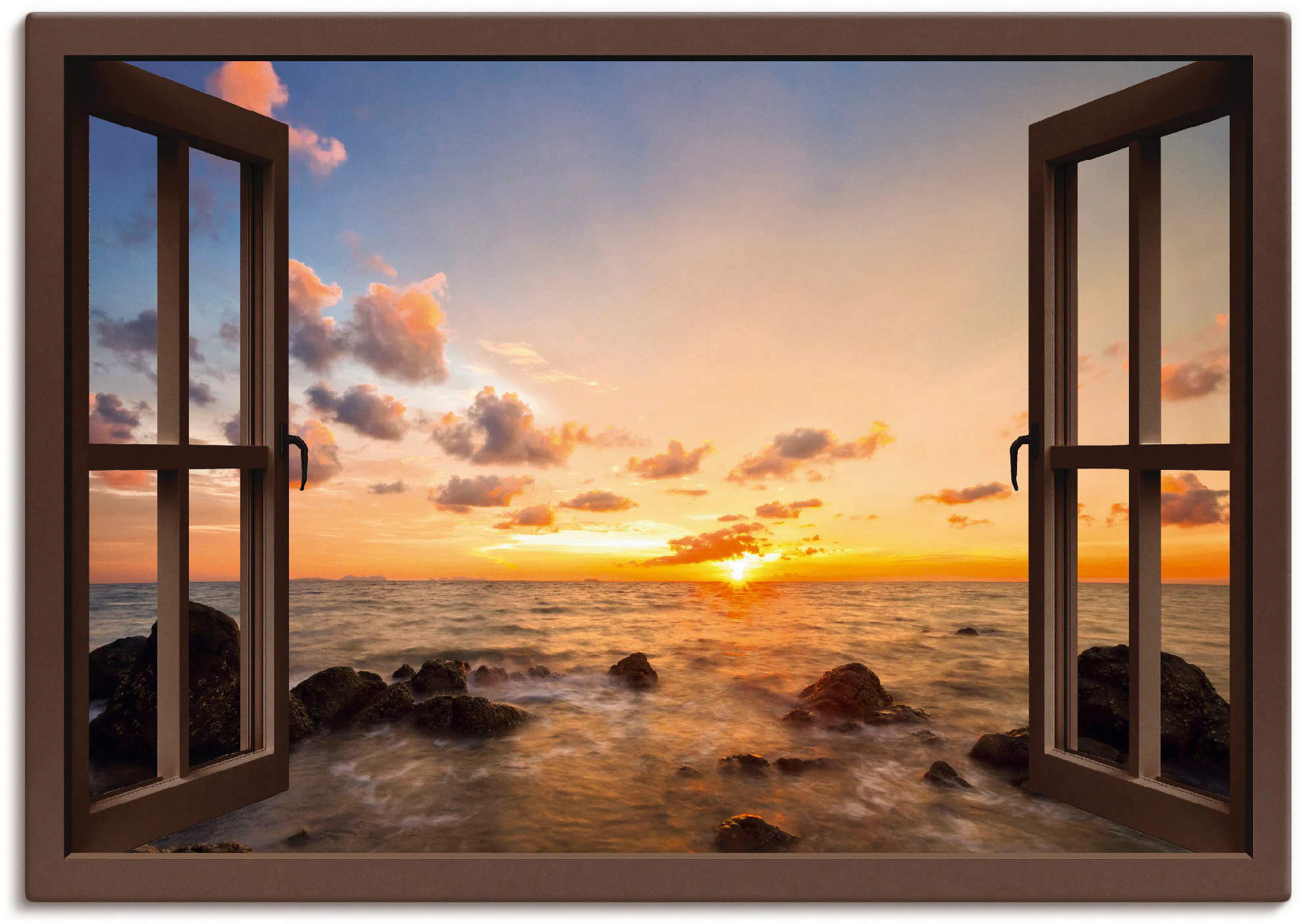 Artland Wandbild "Fensterblick Sonnenuntergang am Meer", Fensterblick, (1 S günstig online kaufen