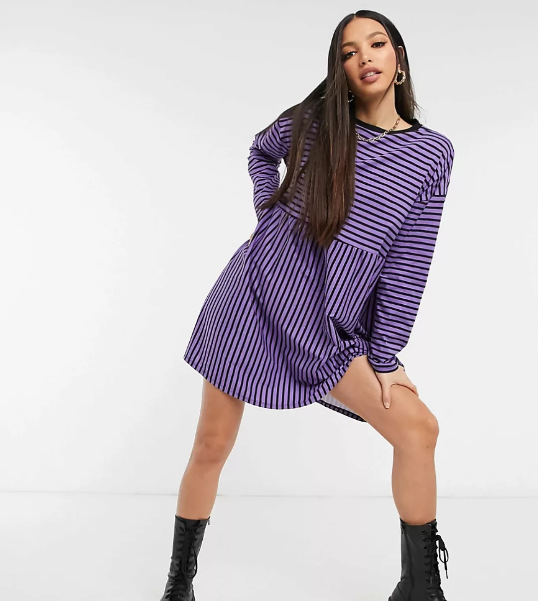 ASOS DESIGN – Tall – Langärmliges Oversize-Hängerkleid in Lila-Schwarz gest günstig online kaufen