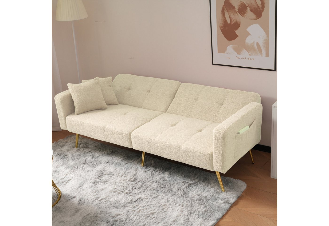 Ulife Schlafsofa mit Winkel, goldenen Beinen, Kissen und seitlichen Taschen günstig online kaufen