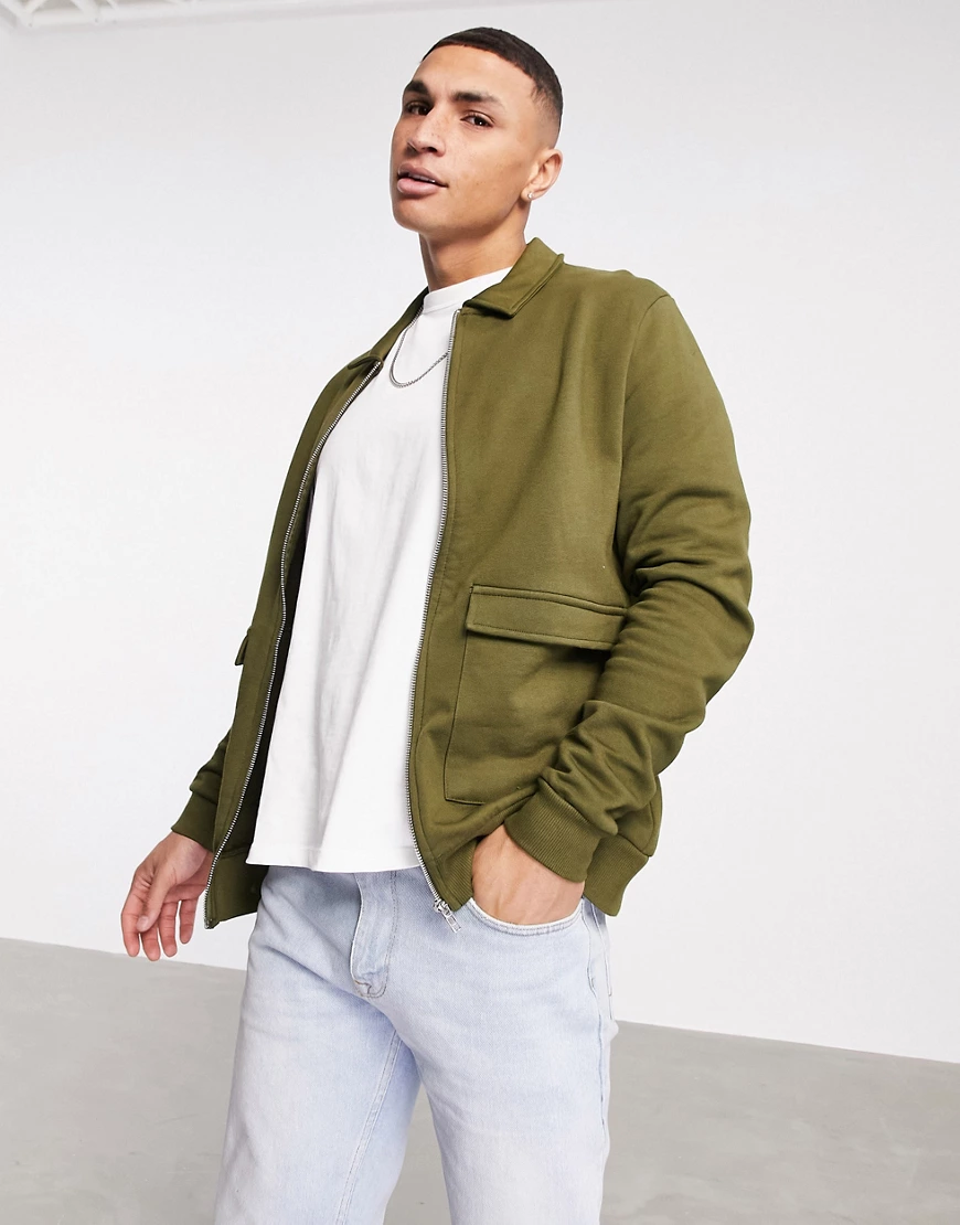 ASOS DESIGN – Jersey-Harringtonjacke in Khaki-Grün günstig online kaufen