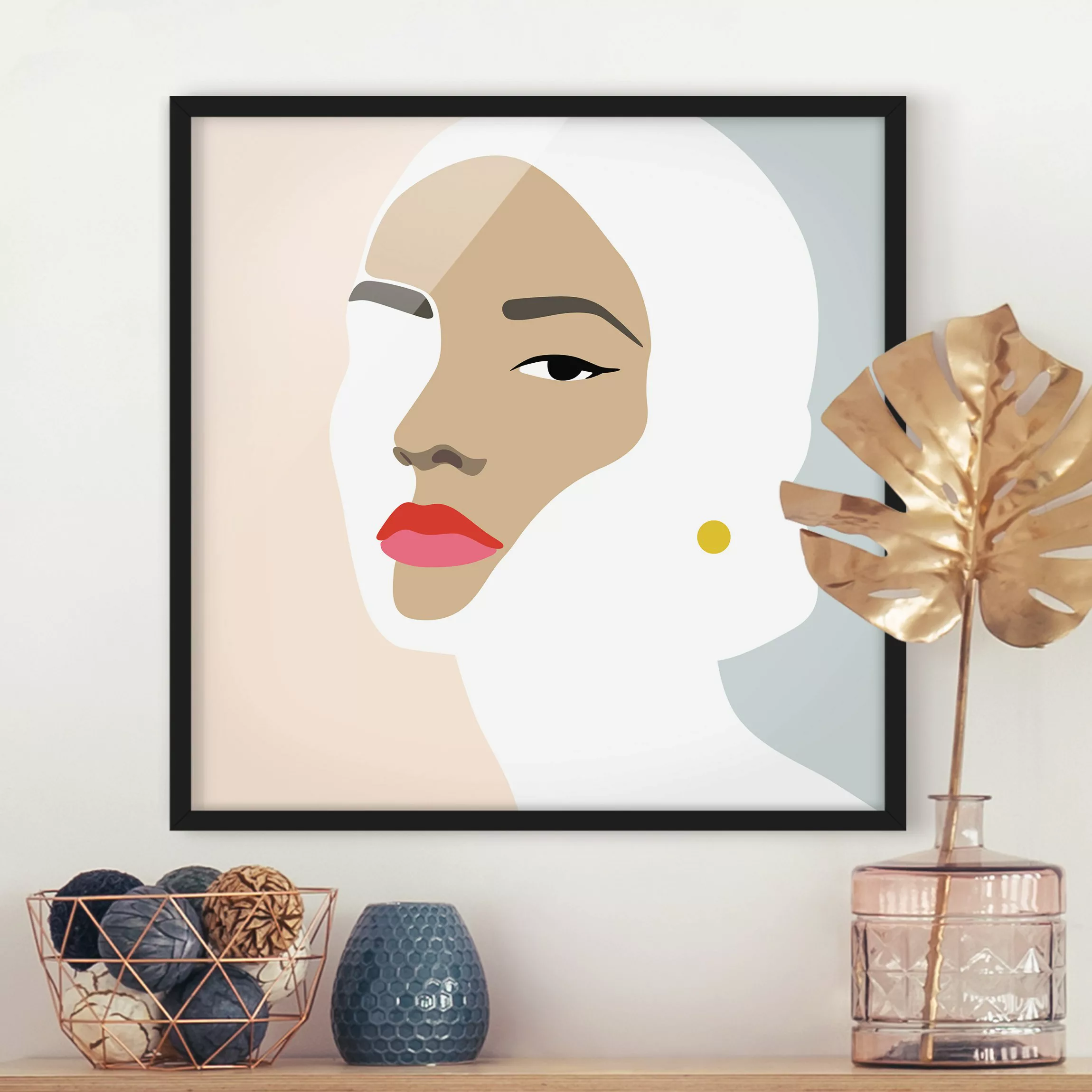 Bild mit Rahmen - Quadrat Line Art Portrait Frau Pastell Grau günstig online kaufen