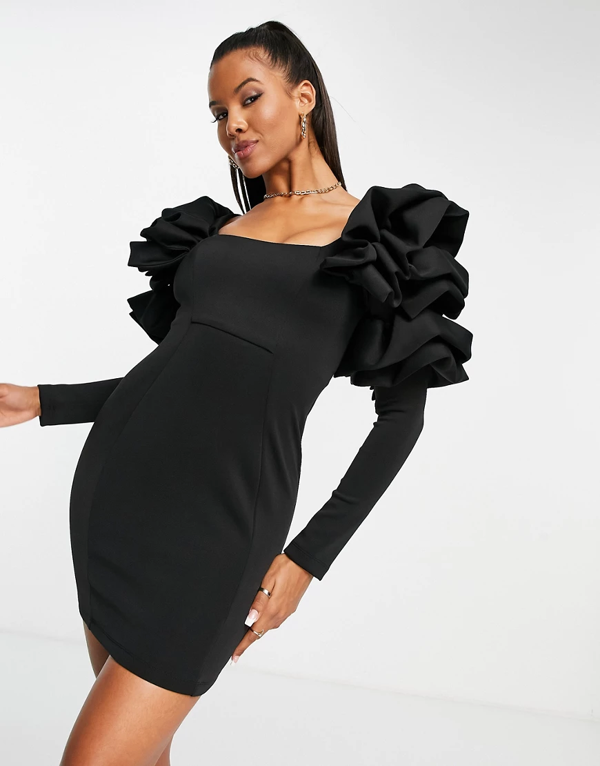 ASOS DESIGN – Minikleid in Schwarz mit auffälligen Origami-Puffärmeln-Mehrf günstig online kaufen