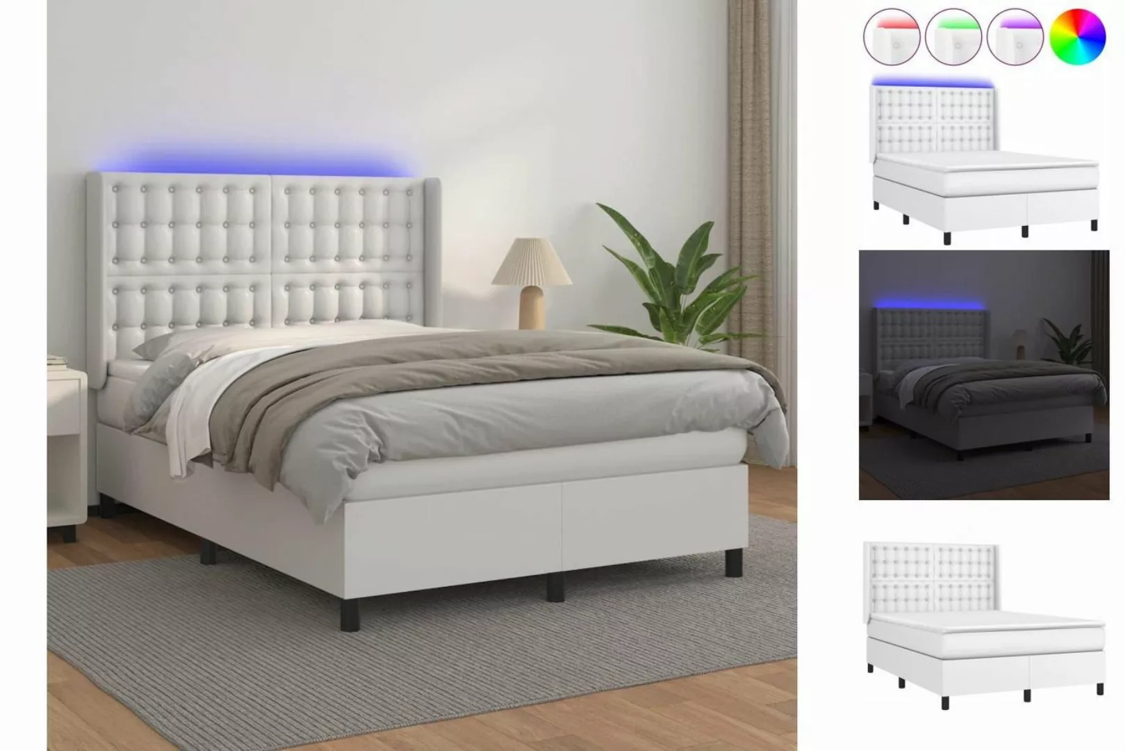 vidaXL Bettgestell Boxspringbett mit Matratze LED Weiß 140x200 cm Kunstlede günstig online kaufen