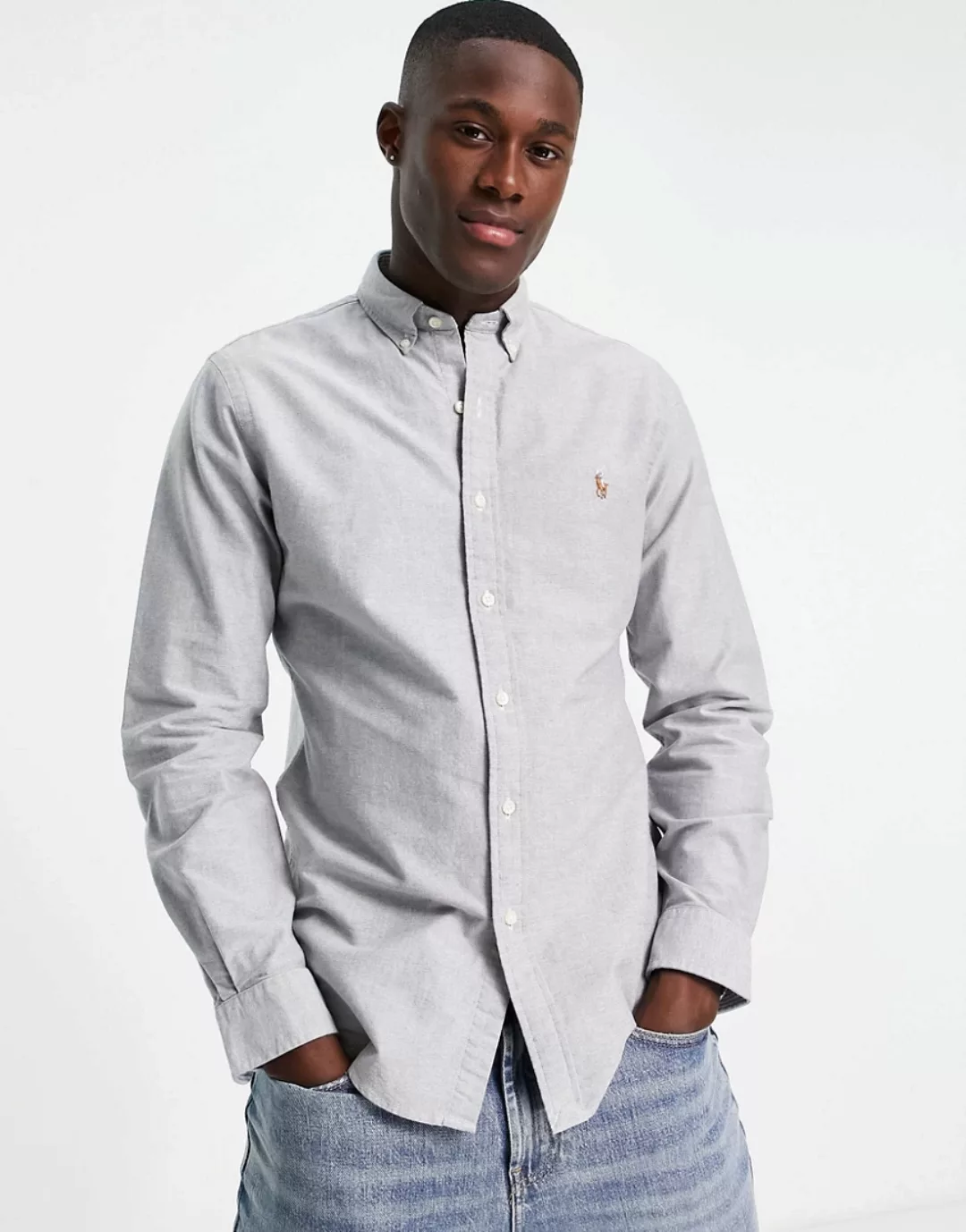 Polo Ralph Lauren – Schmal geschnittenes Oxford-Hemd in Schiefergrau mit Ma günstig online kaufen