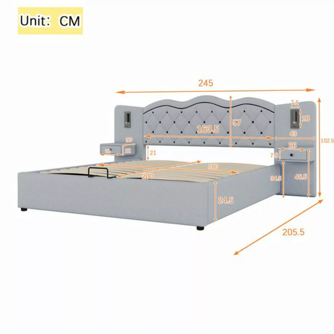 Flieks Polsterbett, Hydraulisches Doppelbett 180x200cm mit Nachttischlampen günstig online kaufen