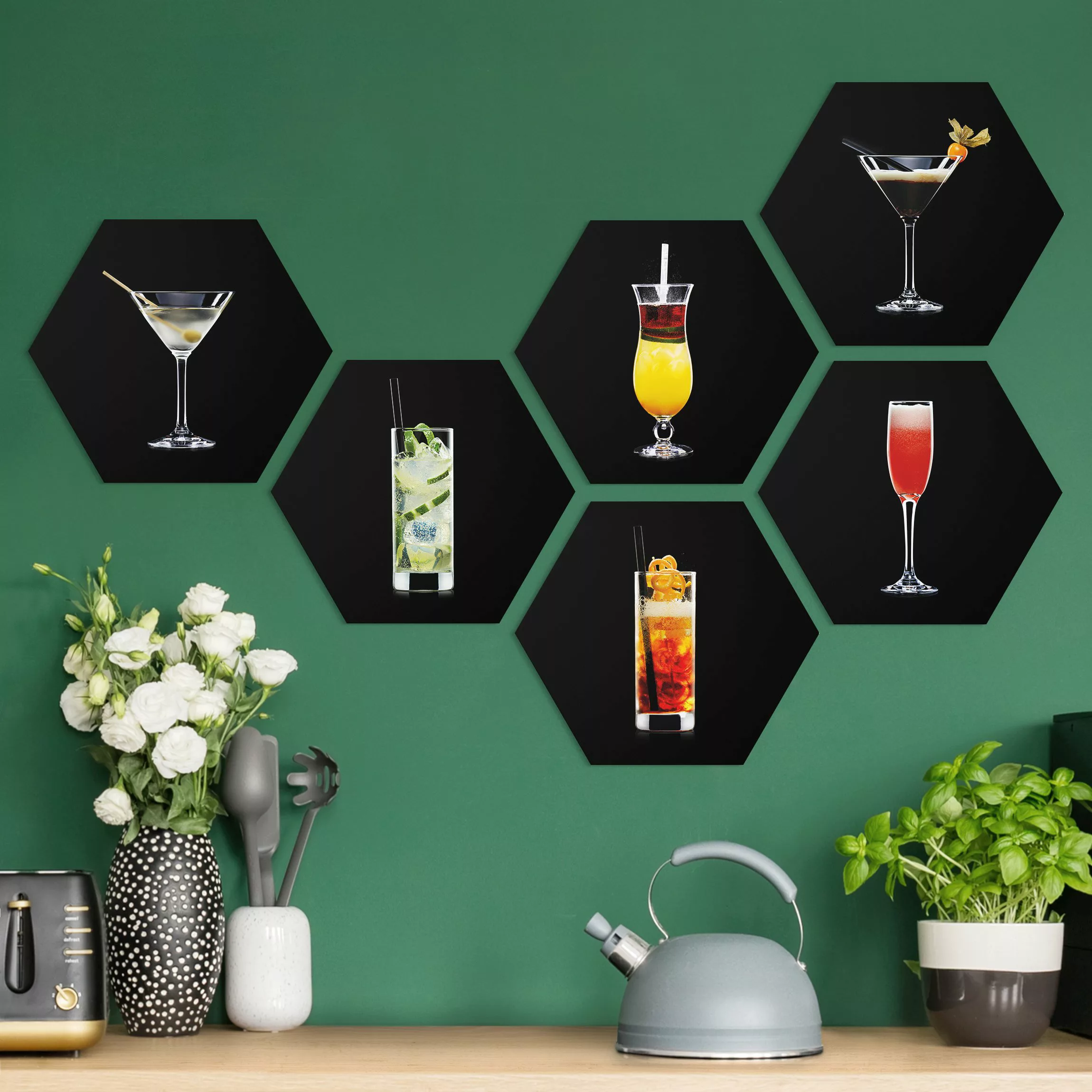 6-teiliges Hexagon-Alu-Dibond Bild Cocktail Set auf Schwarz Set II günstig online kaufen