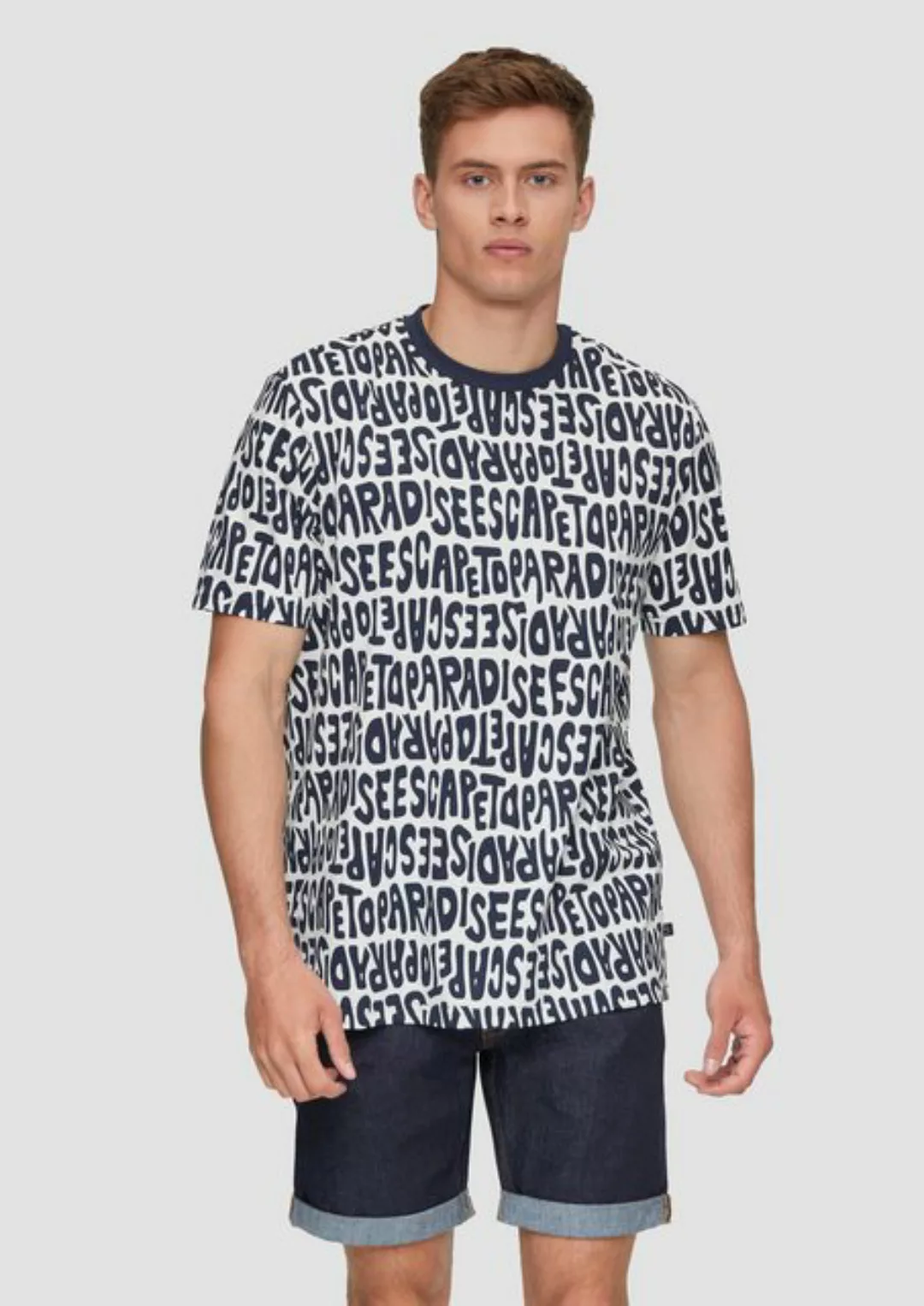 QS Kurzarmshirt Baumwoll-T-Shirt mit All-over-Print und Rippblende günstig online kaufen