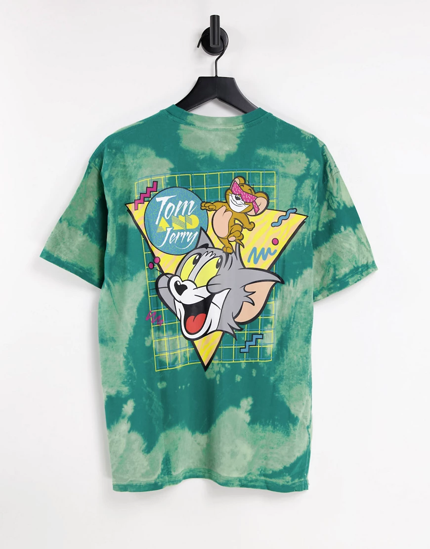 Pull&Bear – T-Shirt in Grün mit Batikmuster und „Tom & Jerry“-Rückenprint günstig online kaufen