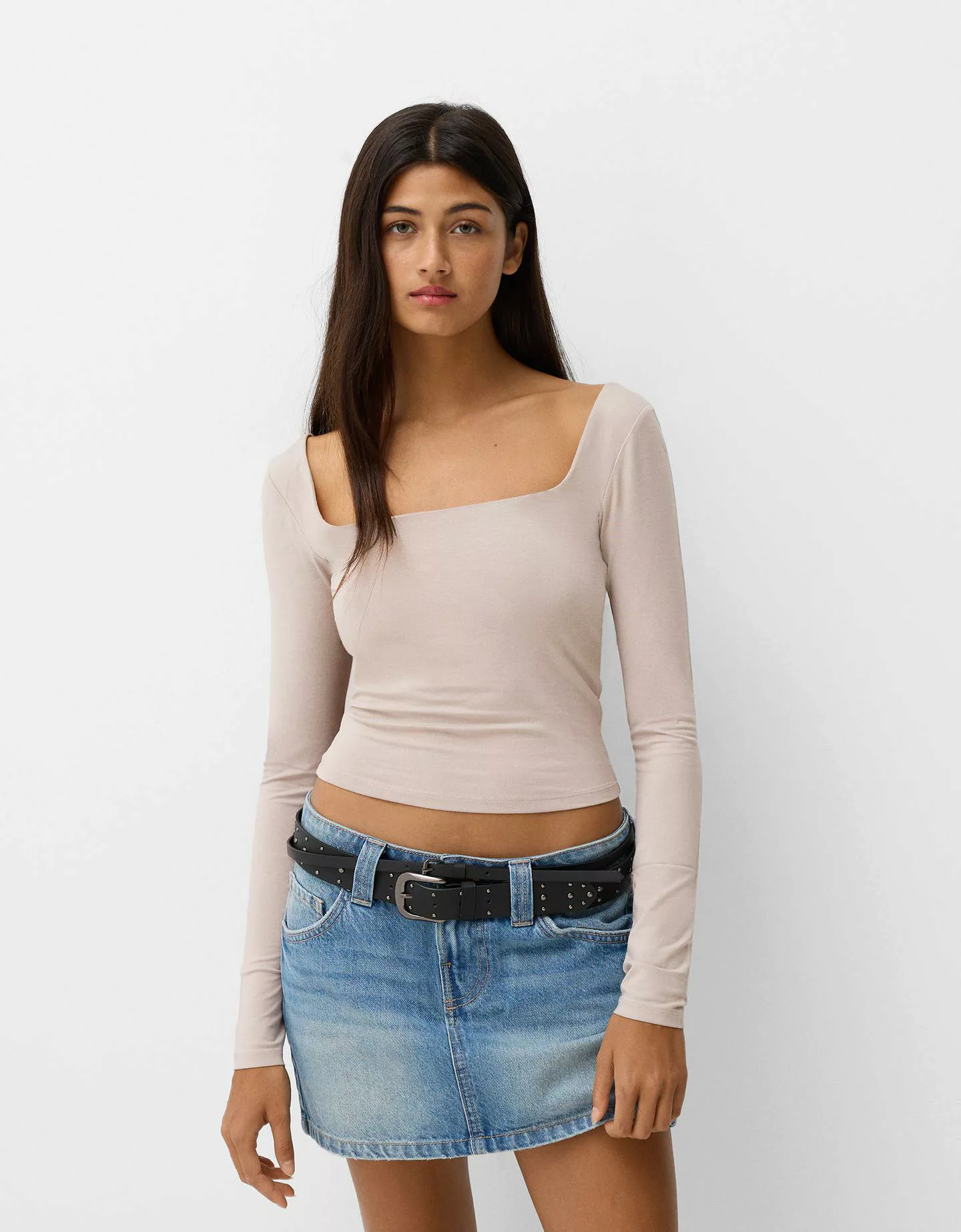 Bershka Shirt Mit Langen Ärmeln Und Kastenausschnitt Damen M Steinfarbe günstig online kaufen