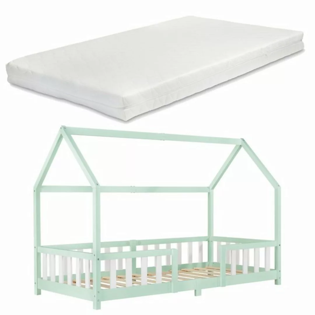 en.casa Kinderbett, »Sisimiut« Hausbett mit Matratze 90 x 200 cm Mint / Wei günstig online kaufen