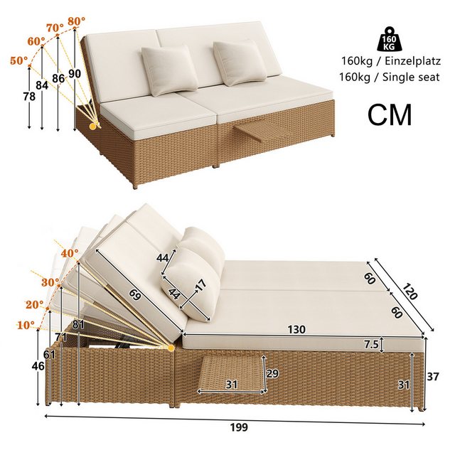 Celya Sofa Outdoor Gartenliege Doppelbett mit verstellbarer Rückenlehne, Ra günstig online kaufen