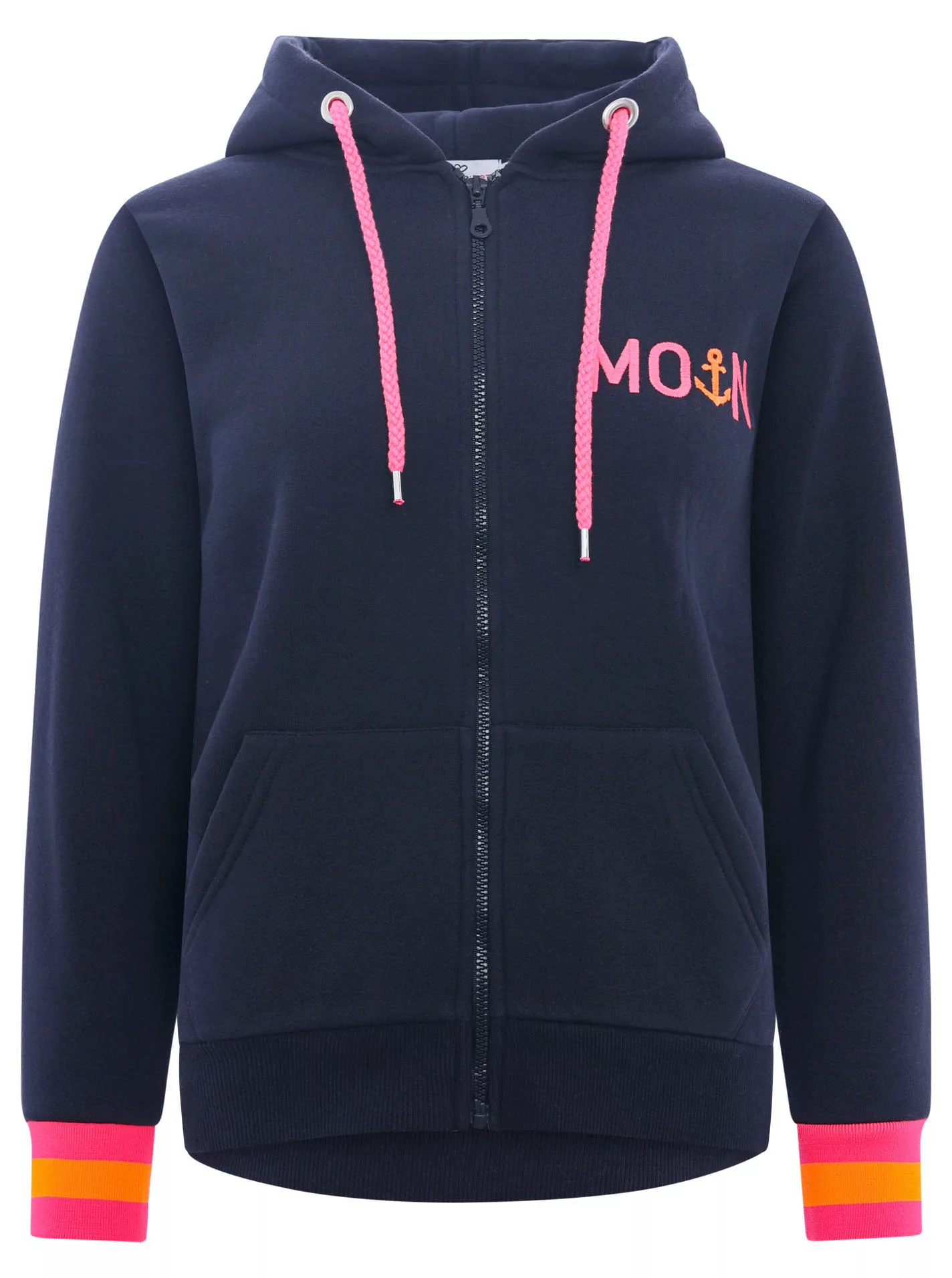 Zwillingsherz Sweatjacke mit gesticktem "Moin" und neonfarbenen Details günstig online kaufen