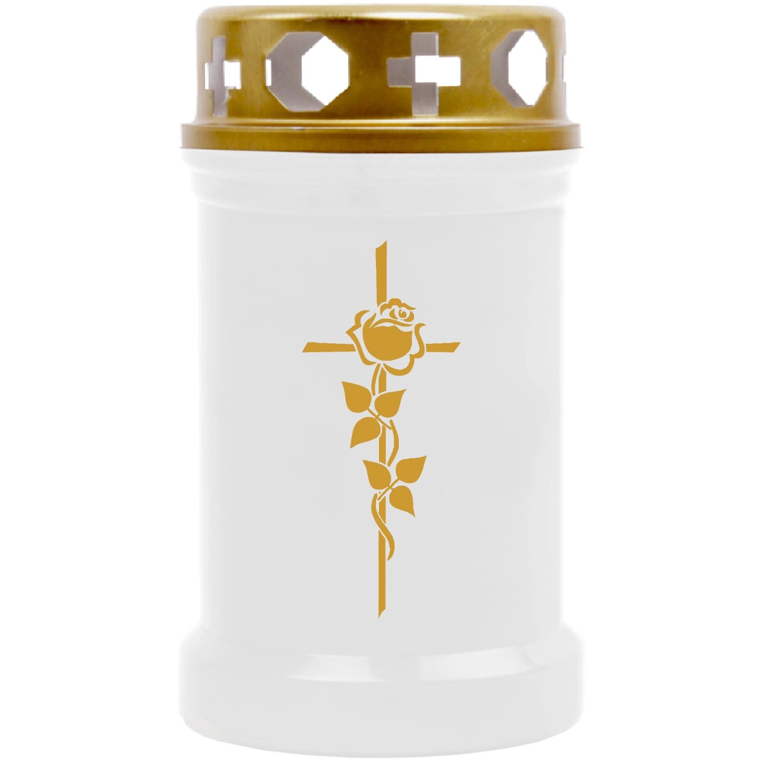 HS Candle Grabkerze Weiß 40h Inkl. Deckel & Druck Gold Rose Kreuz günstig online kaufen