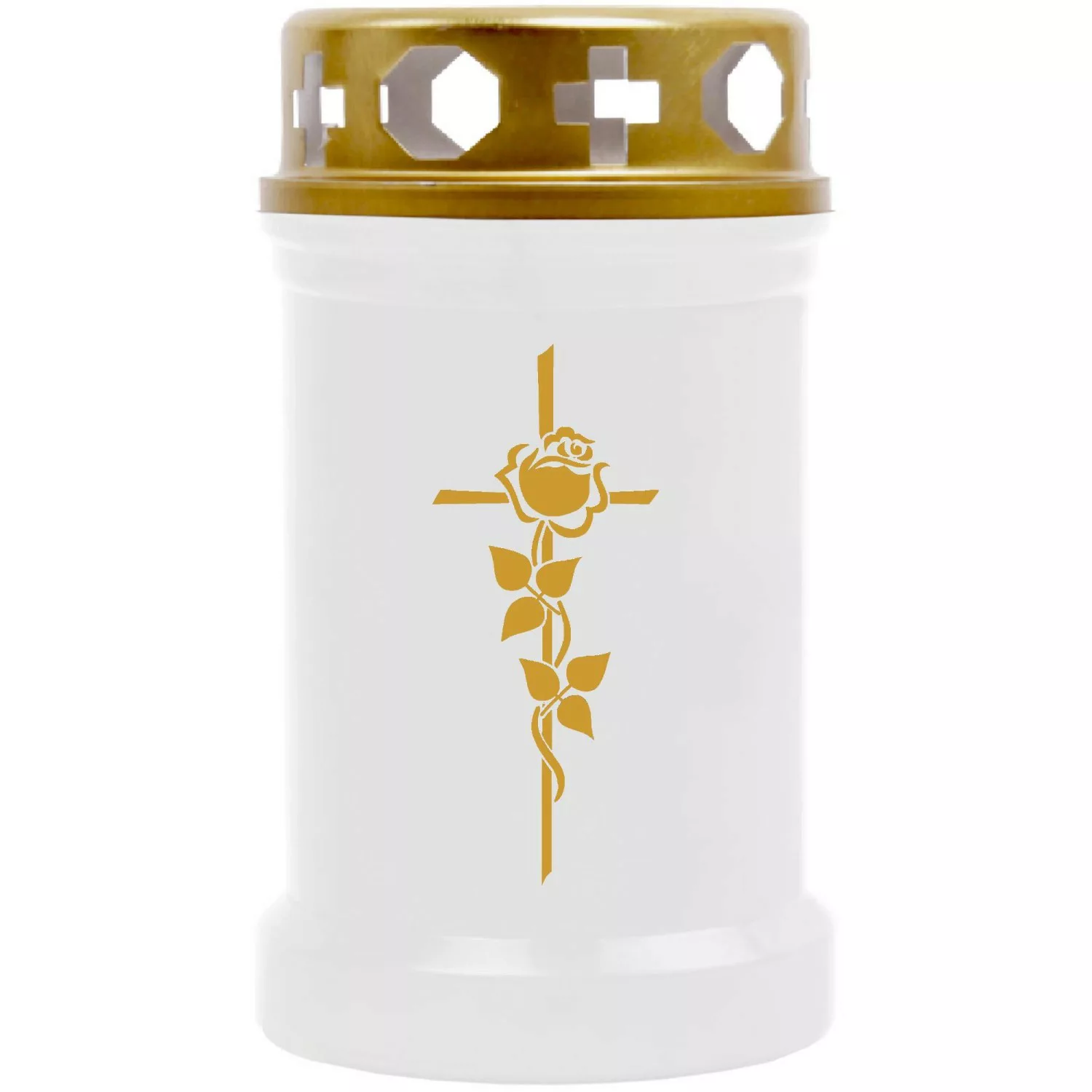 HS Candle Grabkerze Weiß 40h Inkl. Deckel & Druck Gold Rose Kreuz günstig online kaufen