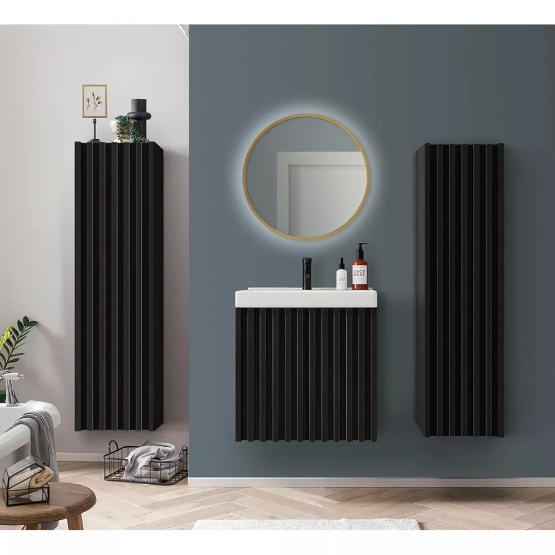 Badmöbel Komplett Set mit LED-Spiegel NANTES-107 in schwarz mit Lamellenfro günstig online kaufen