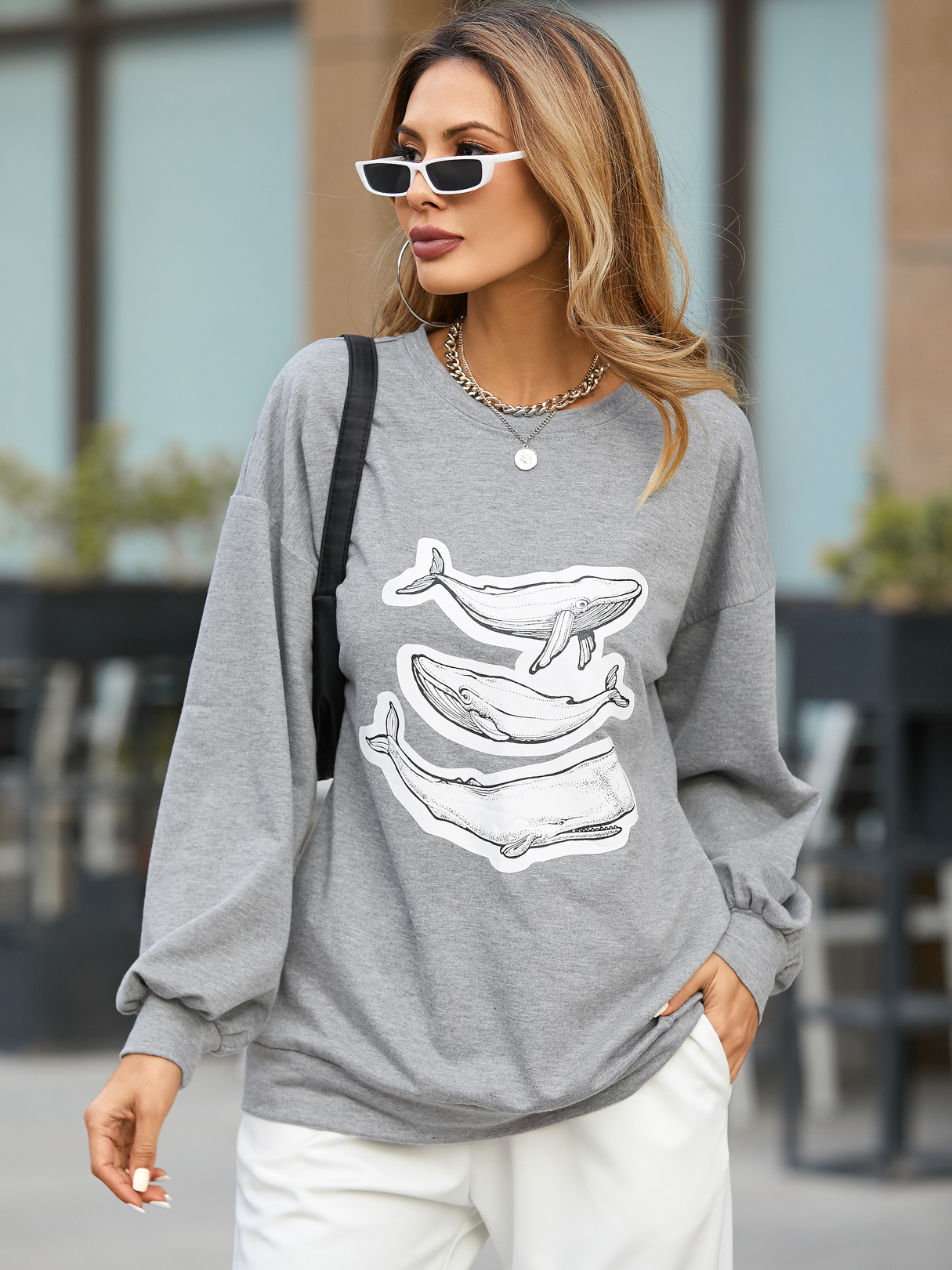 YOINS Shark Graphic Sweatshirt mit langen Ärmeln und Rundhalsausschnitt günstig online kaufen