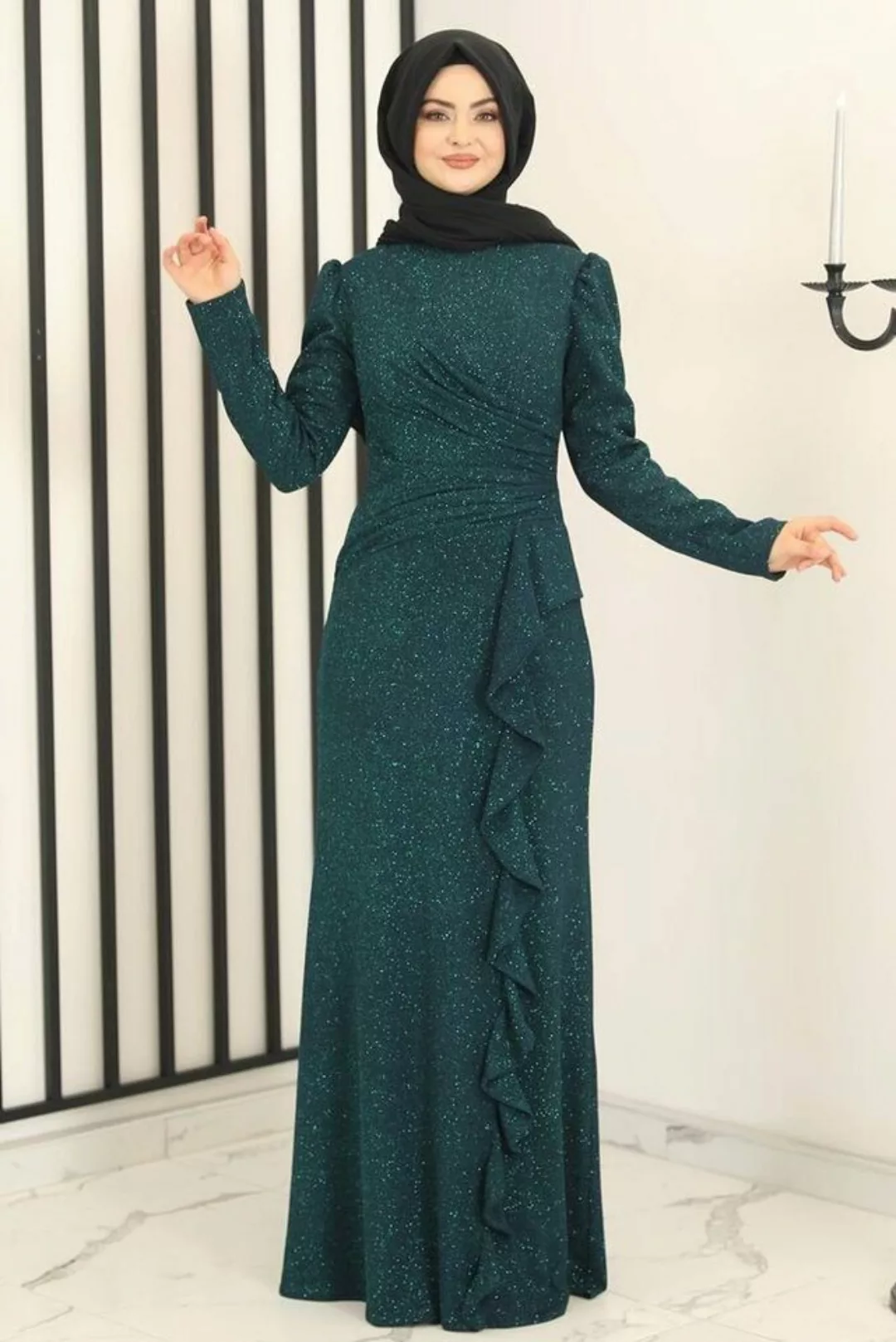 fashionshowcase Abendkleid Damen Glitzer Maxikleid mit Volant Abiye Abaya H günstig online kaufen