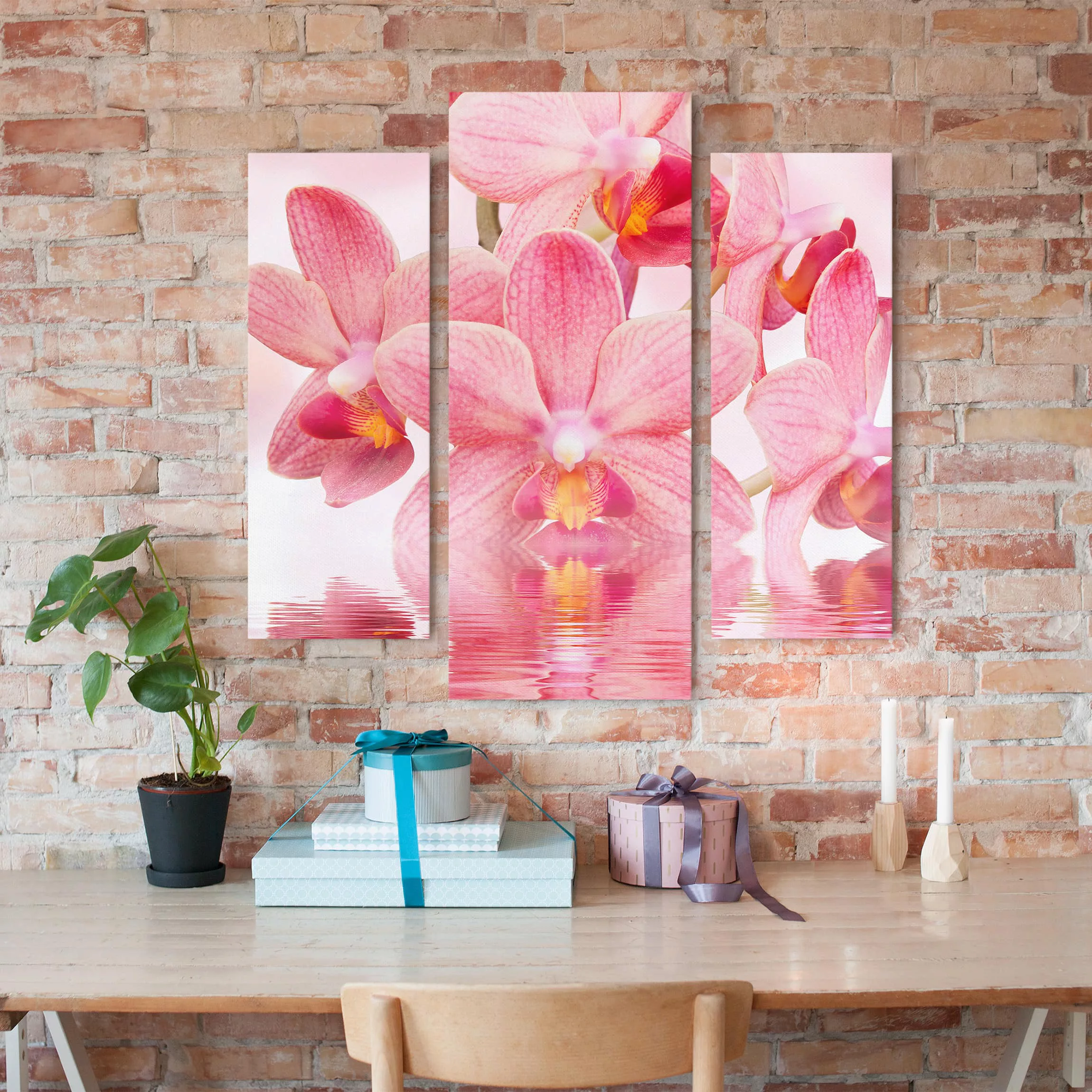 3-teiliges Leinwandbild Blumen - Querformat Rosa Orchideen auf Wasser günstig online kaufen