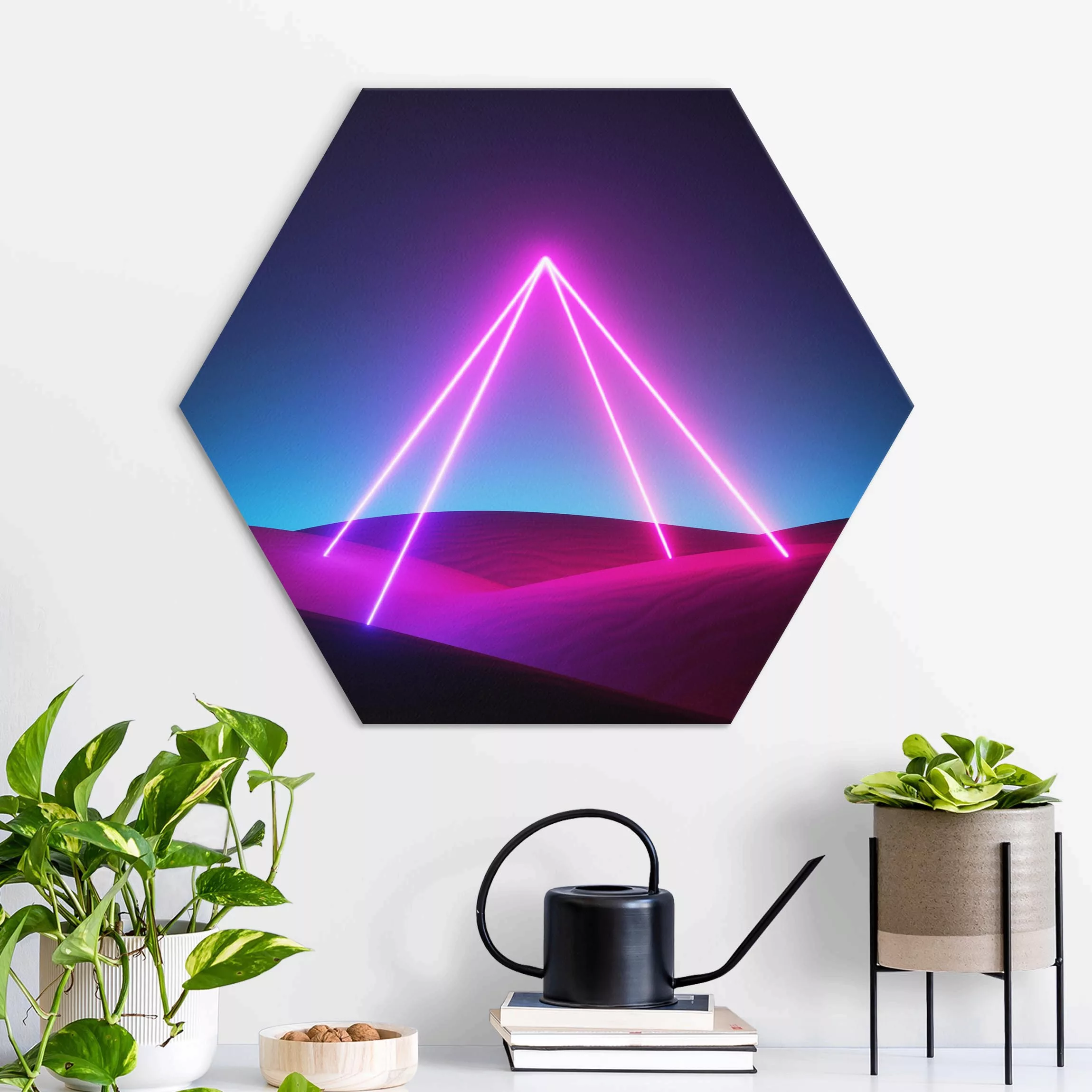 Hexagon-Alu-Dibond Bild Neonlichtpyramide günstig online kaufen
