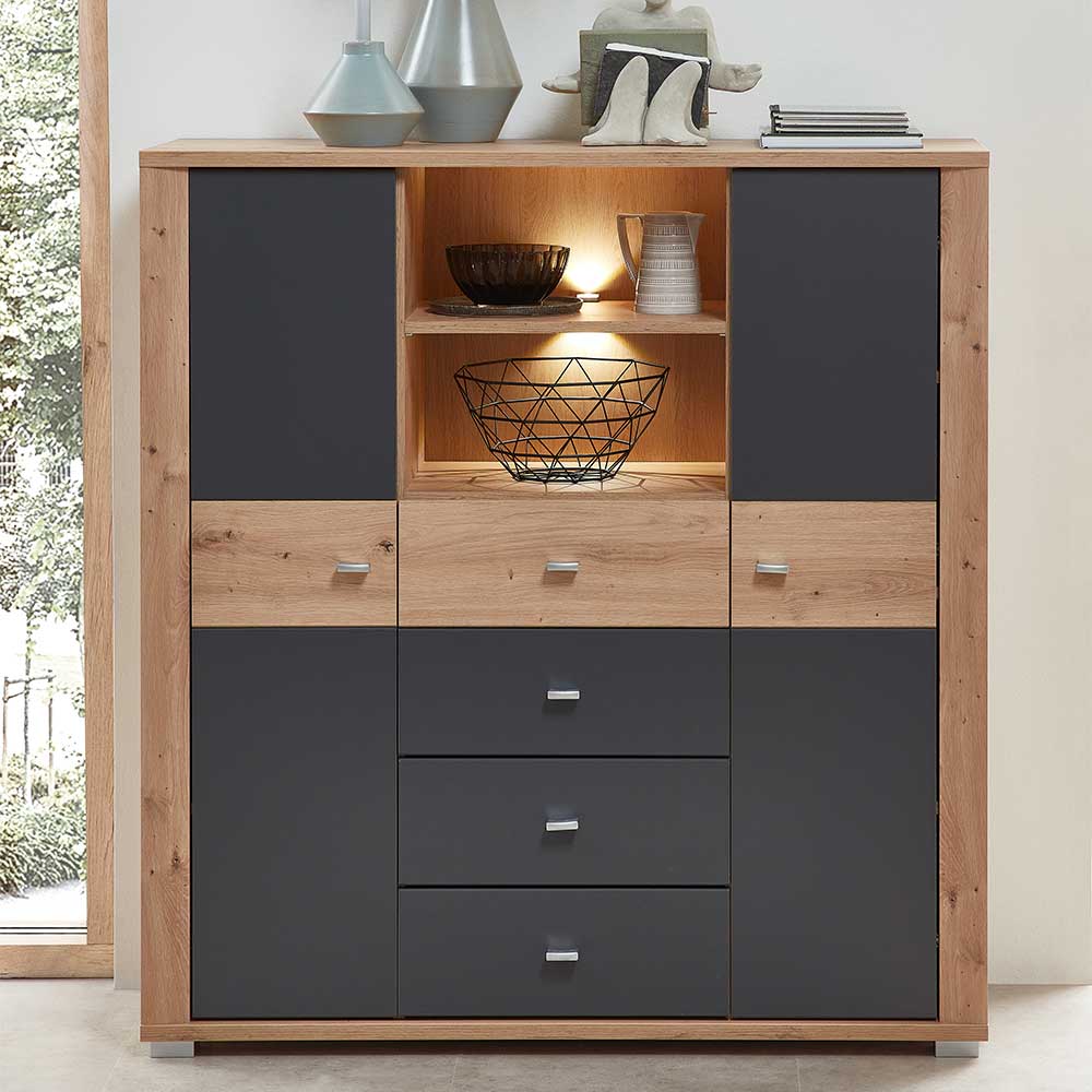 wohnzimmer Highboard in Wildeichefarben Dunkelgrau günstig online kaufen