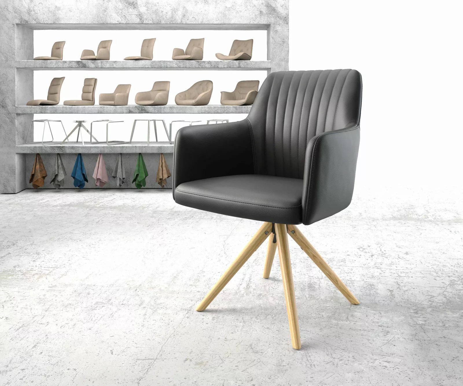 Drehstuhl Greg-Flex Echt-Leder Schwarz Holzgestell konisch 180° drehbar günstig online kaufen