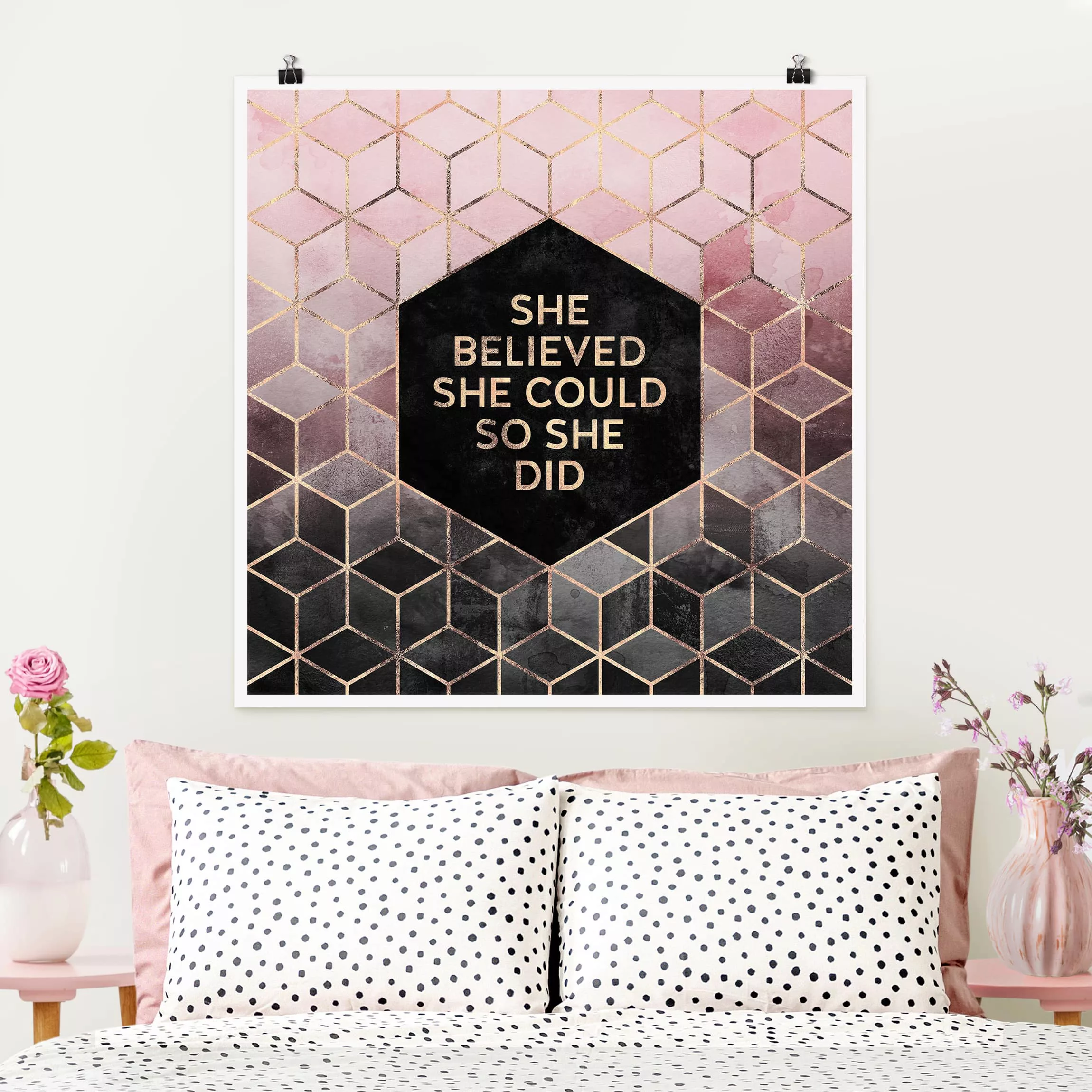 Poster Spruch - Quadrat She Believed She Could Rosé Gold günstig online kaufen