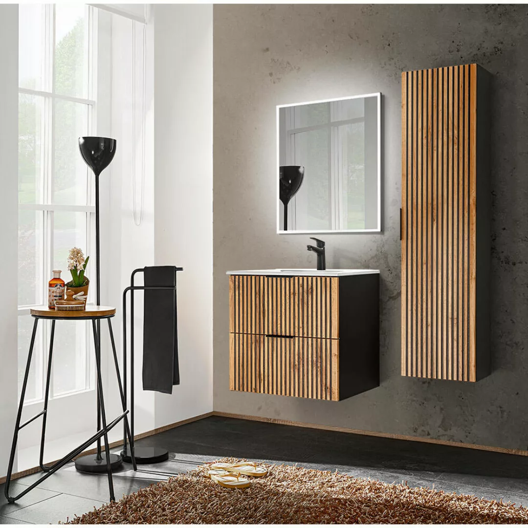 Badmöbel Set Rillen schwarz Waschtisch 61 cm, Hochschrank, LED Spiegel XANT günstig online kaufen
