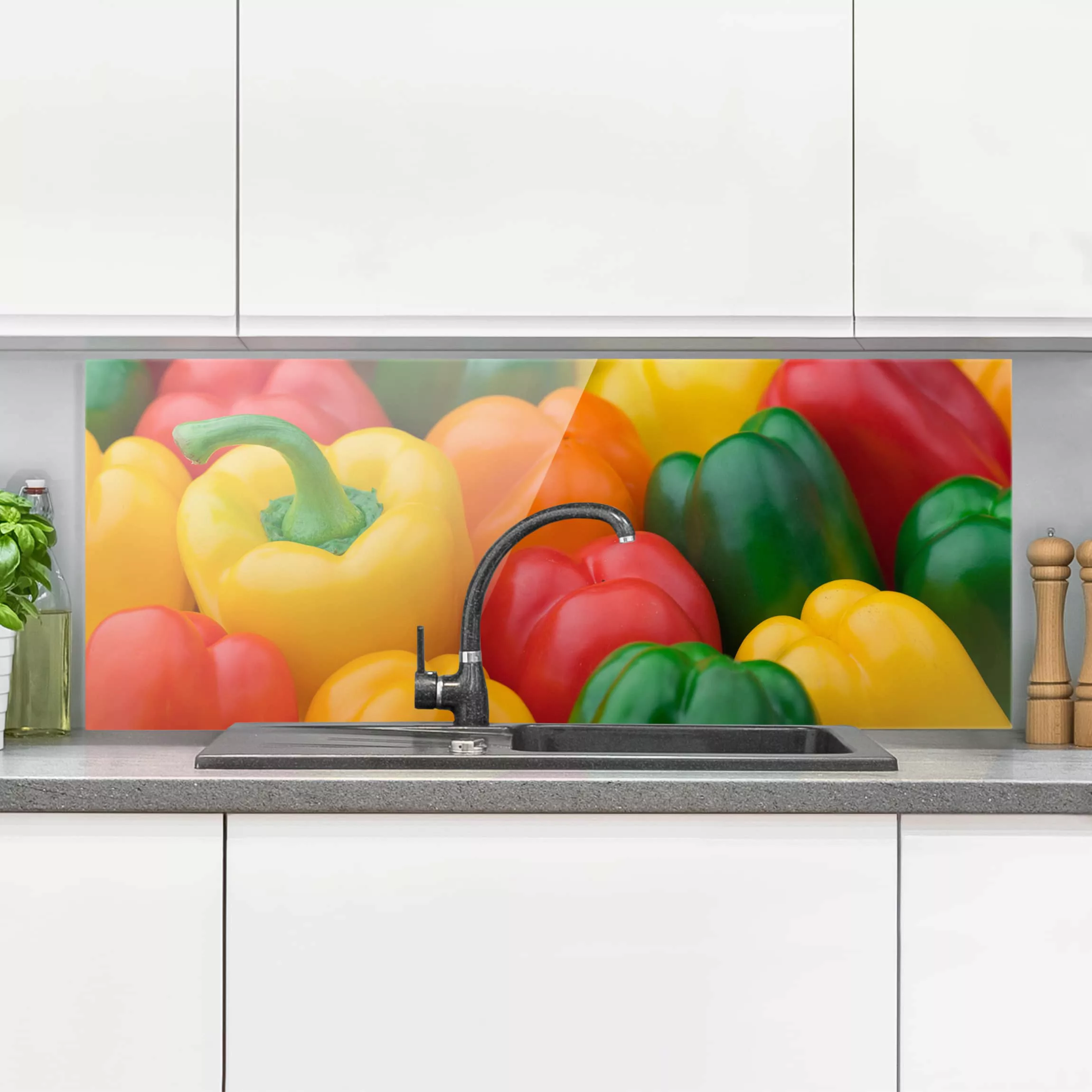 Glas Spritzschutz Gemüse & Obst - Panorama Bunte Paprikaschoten günstig online kaufen