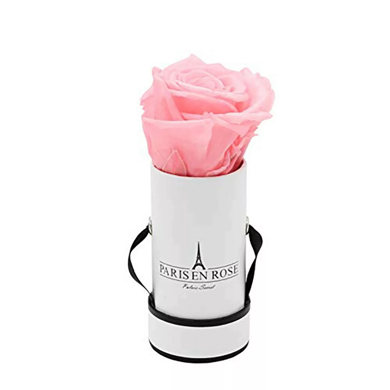 Rosenbox Ø 5 cm Weiß-Schwarz mit einer Rosa Rose günstig online kaufen