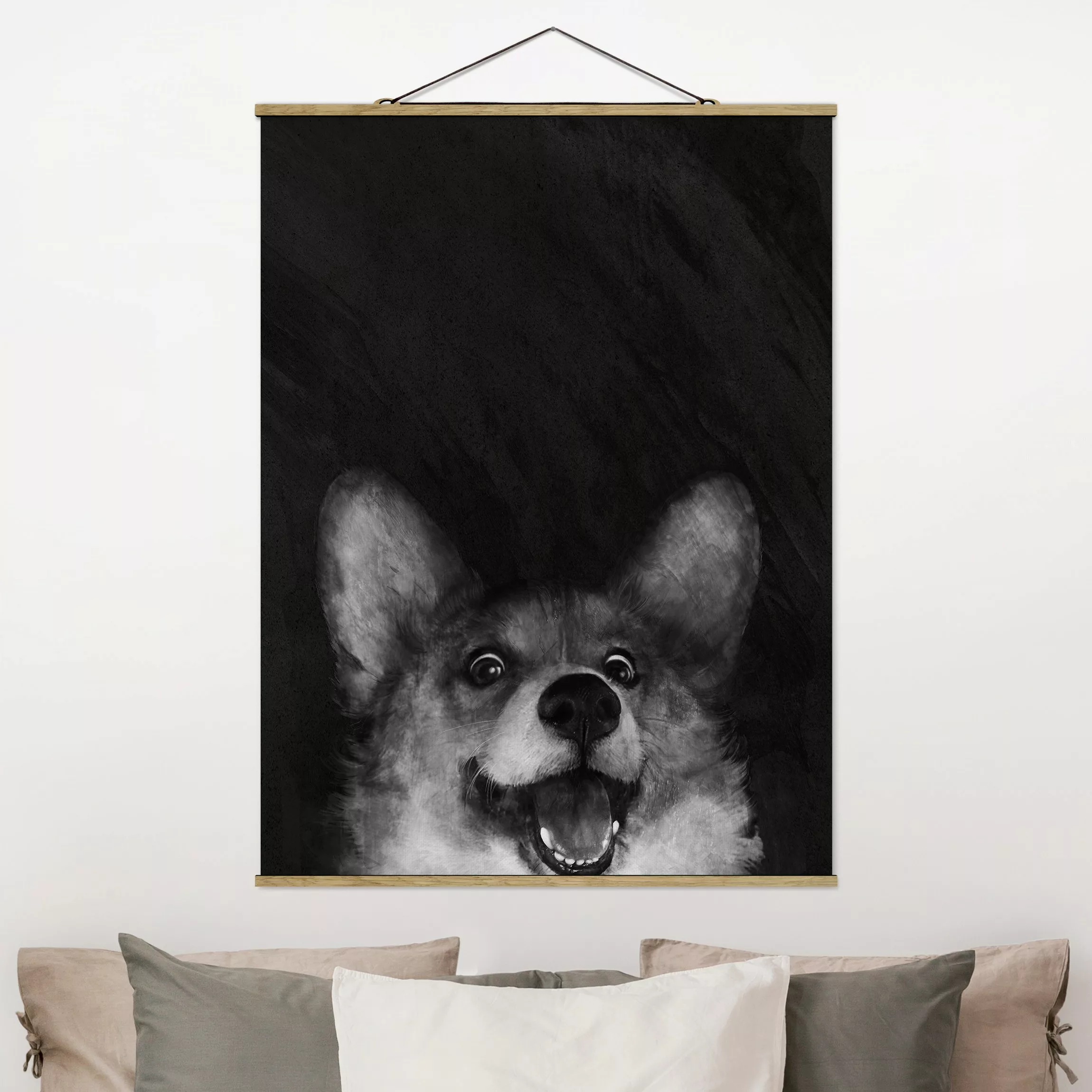 Stoffbild Tiere mit Posterleisten - Hochformat Illustration Hund Corgi Male günstig online kaufen