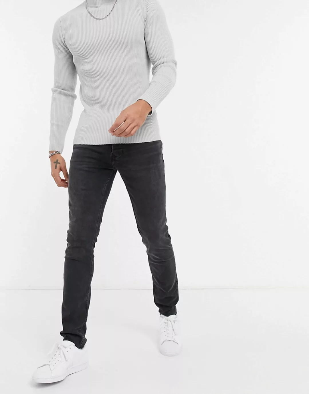 Topman – Eng geschnittene Stretch-Jeans aus Bio-Baumwollmix mit Rissen und günstig online kaufen