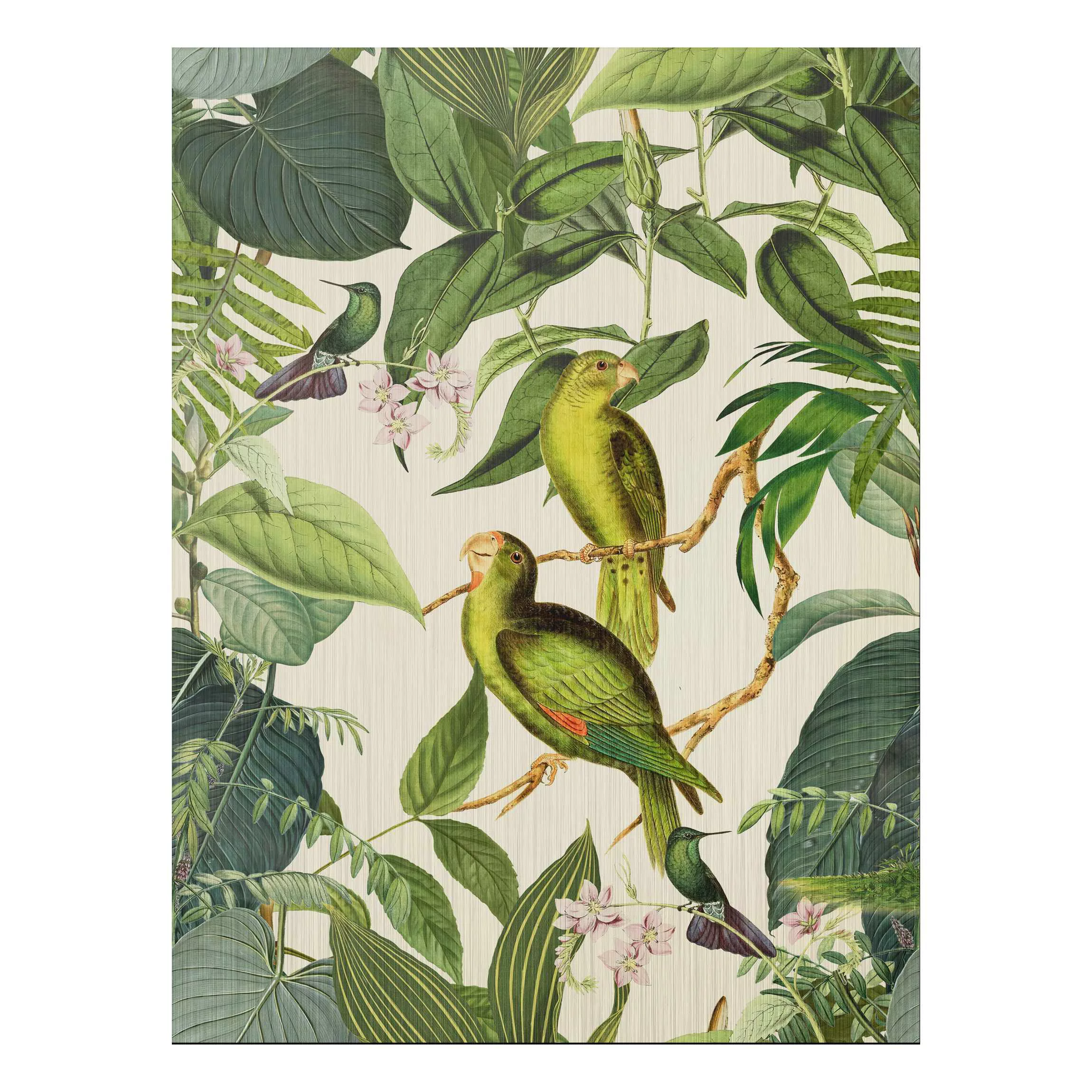 Alu-Dibond Bild Blumen - Hochformat 3:4 Vintage Collage - Papageien im Dsch günstig online kaufen