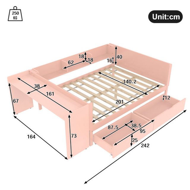 Flieks Kinderbett, Massivholzbett Doppelbett 140x200cm mit Schreibtisch und günstig online kaufen