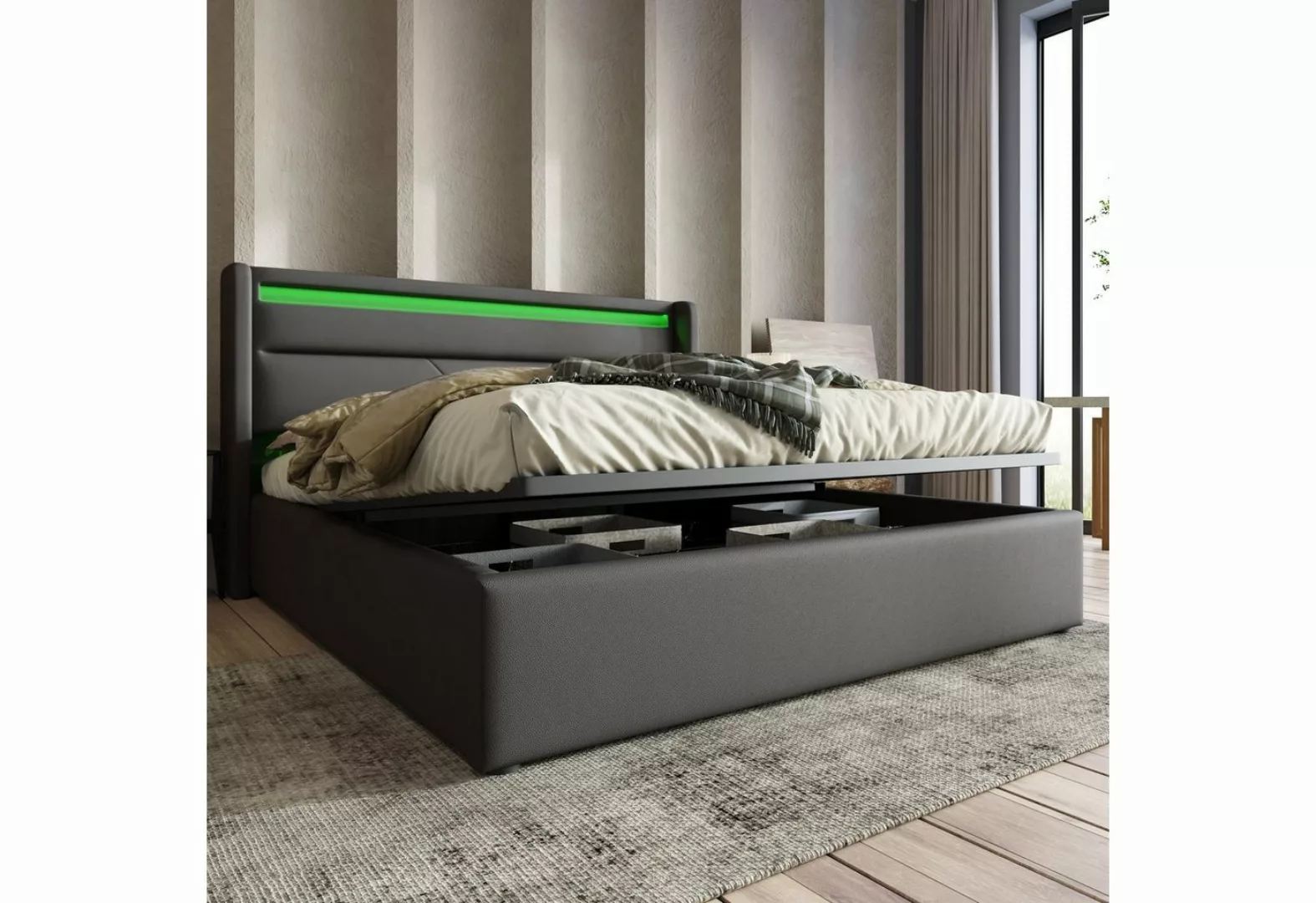 BlingBin Polsterbett Stauraumbett Doppelbett mit LED-Leuchten 140x200cm Gra günstig online kaufen