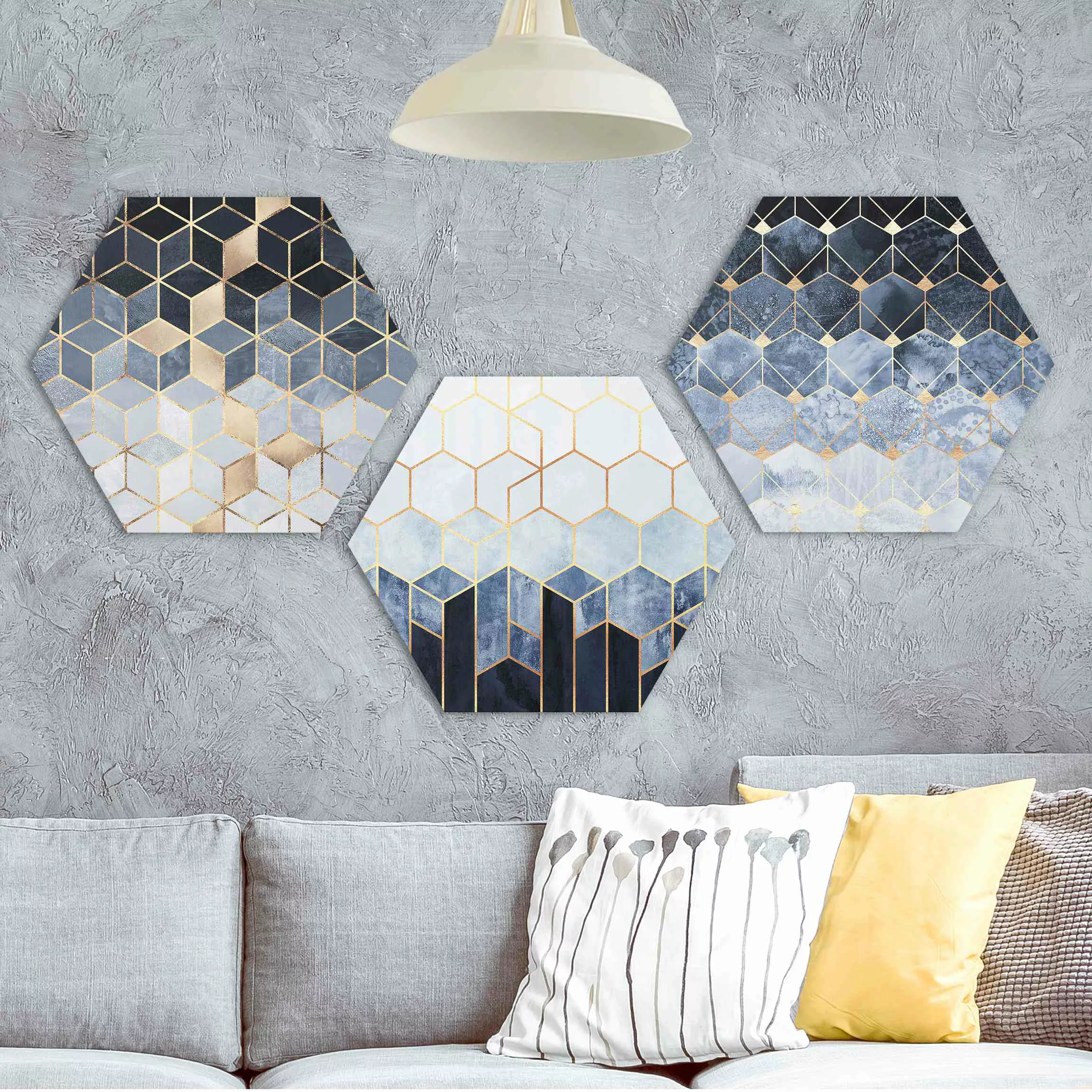 3-teiliges Hexagon-Alu-Dibond Bild Blau Weiß goldene Sechsecke Set günstig online kaufen