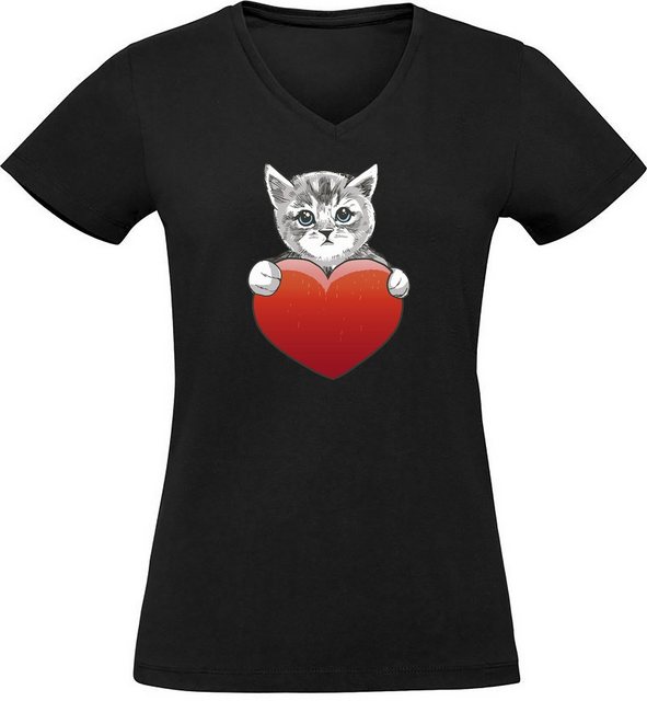 MyDesign24 T-Shirt Damen Katzen Print Shirt bedruckt - Katze mit rotem Herz günstig online kaufen