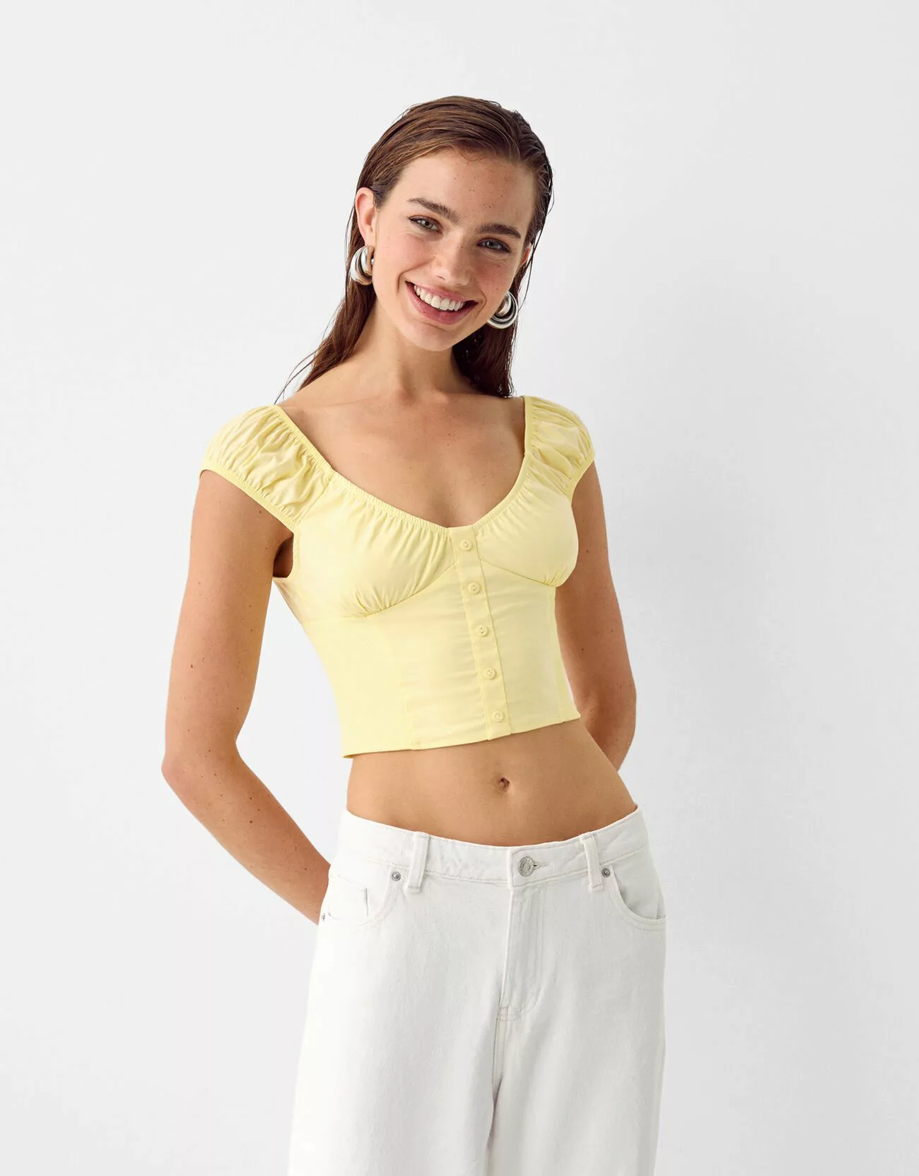 Bershka Cropped-Hemd Mit Knöpfen Damen L Gelb günstig online kaufen