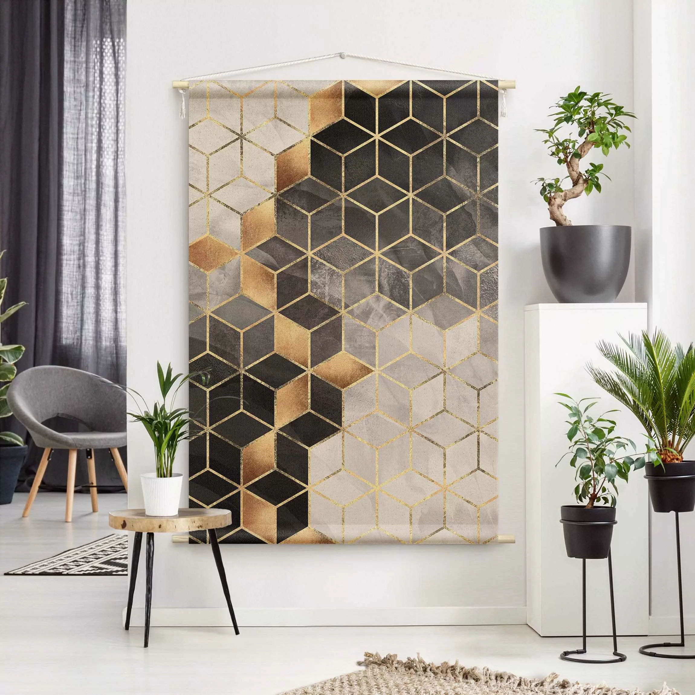 Wandteppich Schwarz Weiß goldene Geometrie günstig online kaufen
