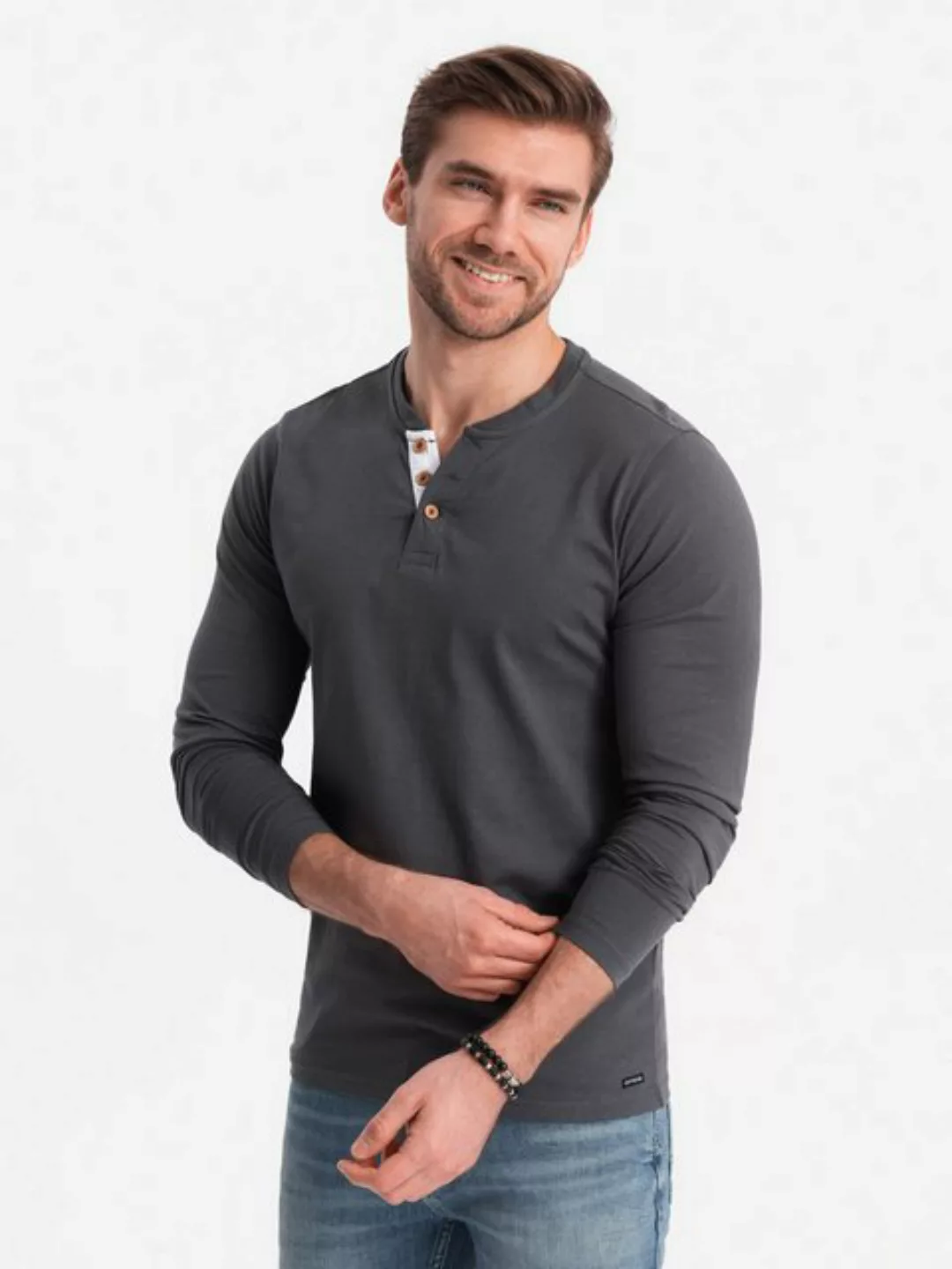 OMBRE Longsleeve Herren Longsleeve mit Knöpfen am Halsausschnitt günstig online kaufen