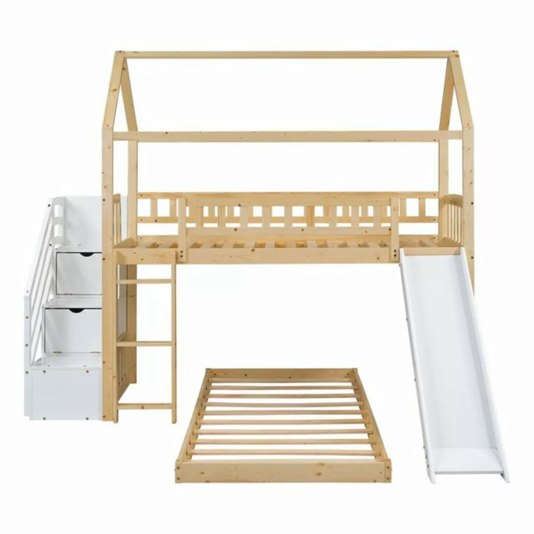 Gotagee Kinderbett Flaches Etagenbett Hausbett mit Treppe+Stauraum+Rutsche günstig online kaufen