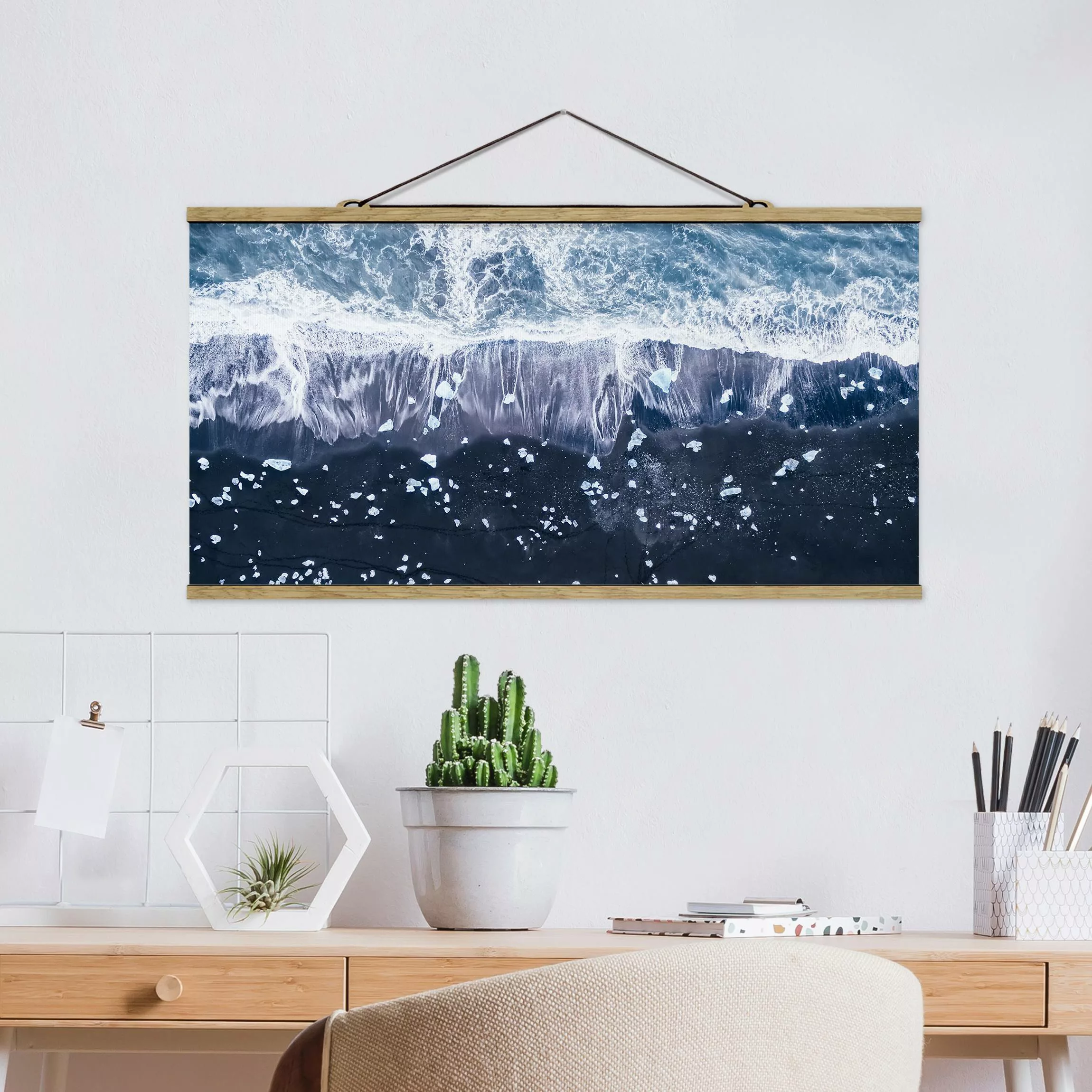 Stoffbild Landschaft mit Posterleisten - Querformat Luftbild - Jökulsárlón günstig online kaufen