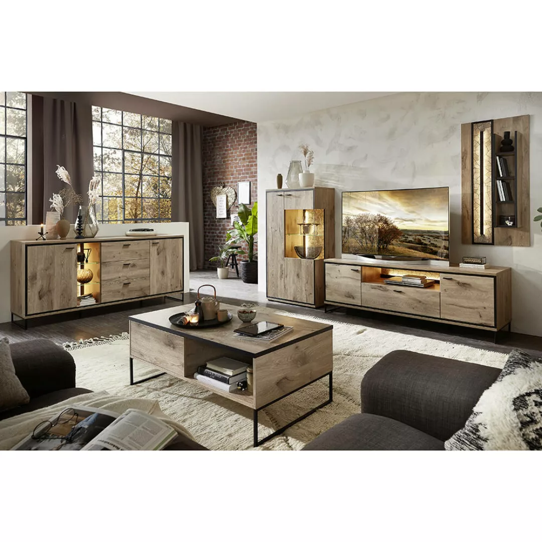 Wohnmöbel Set mit Beleuchtung braun RINGSTED-55 in Eiche 5-teilig mit Couch günstig online kaufen