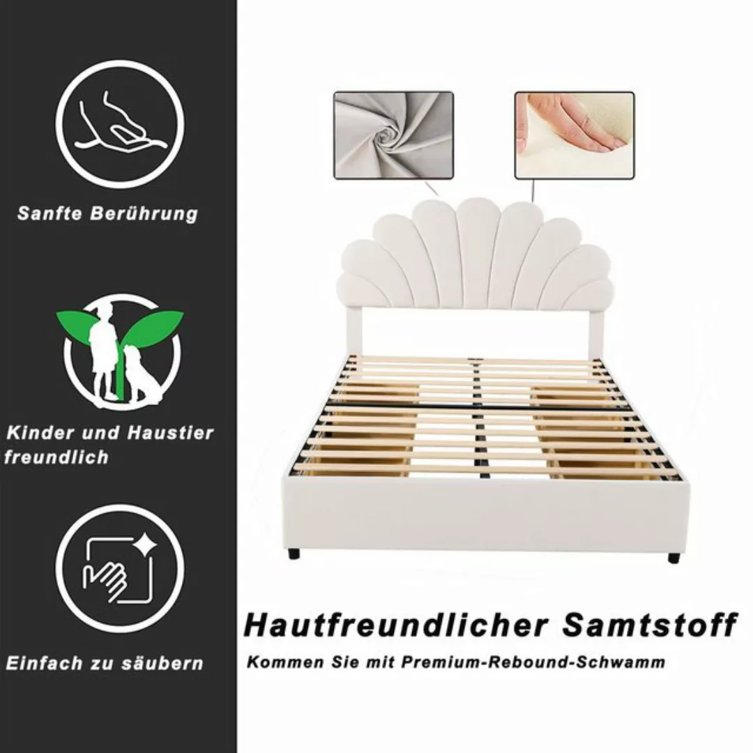 Flieks Polsterbett, Doppelbett Blumenform-Kopfteil Samt 140x200cm mit 4 Sch günstig online kaufen